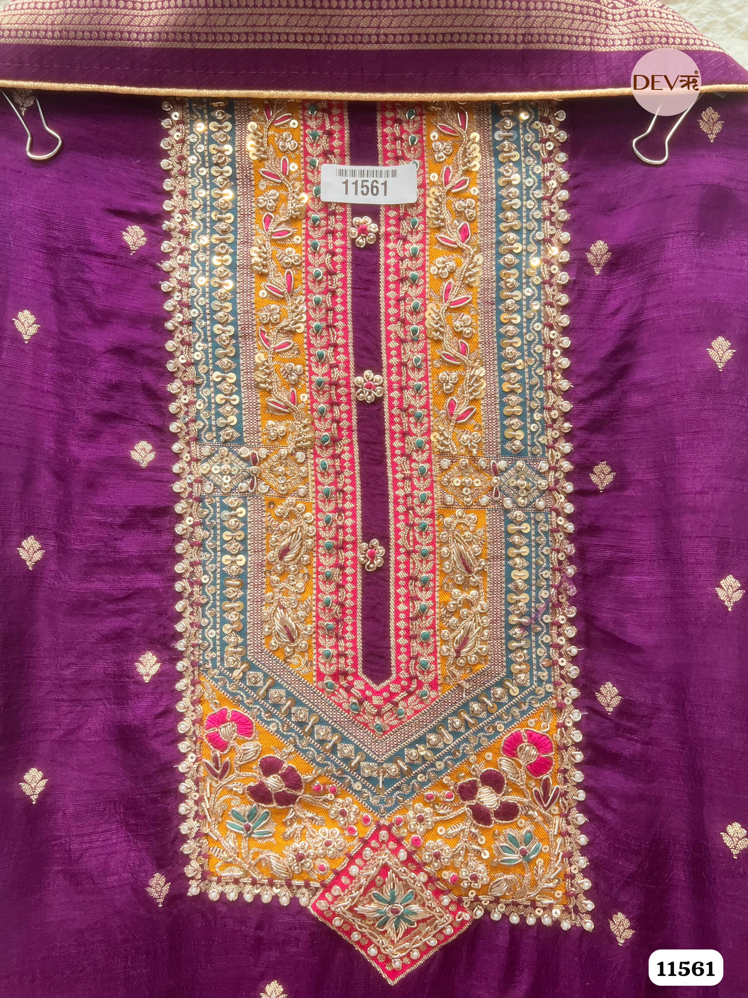 Purple Dola silk Banarasi Weave Unstitched Hand Embroidered -Set Of 3 {11561}