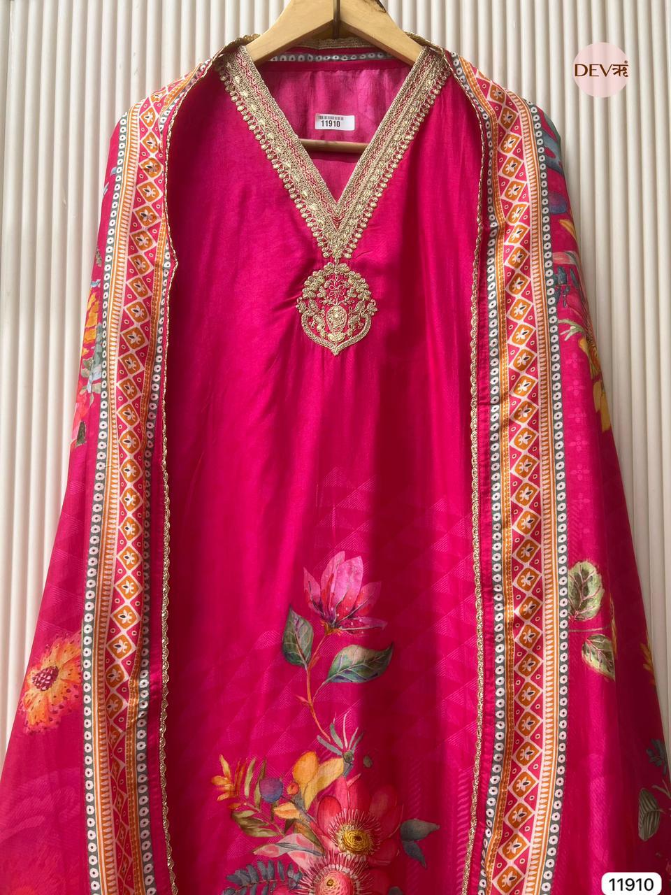 Magenta Russian Silk Printed Unstitched 3-Piece Suit (Devri – D.No 11910)