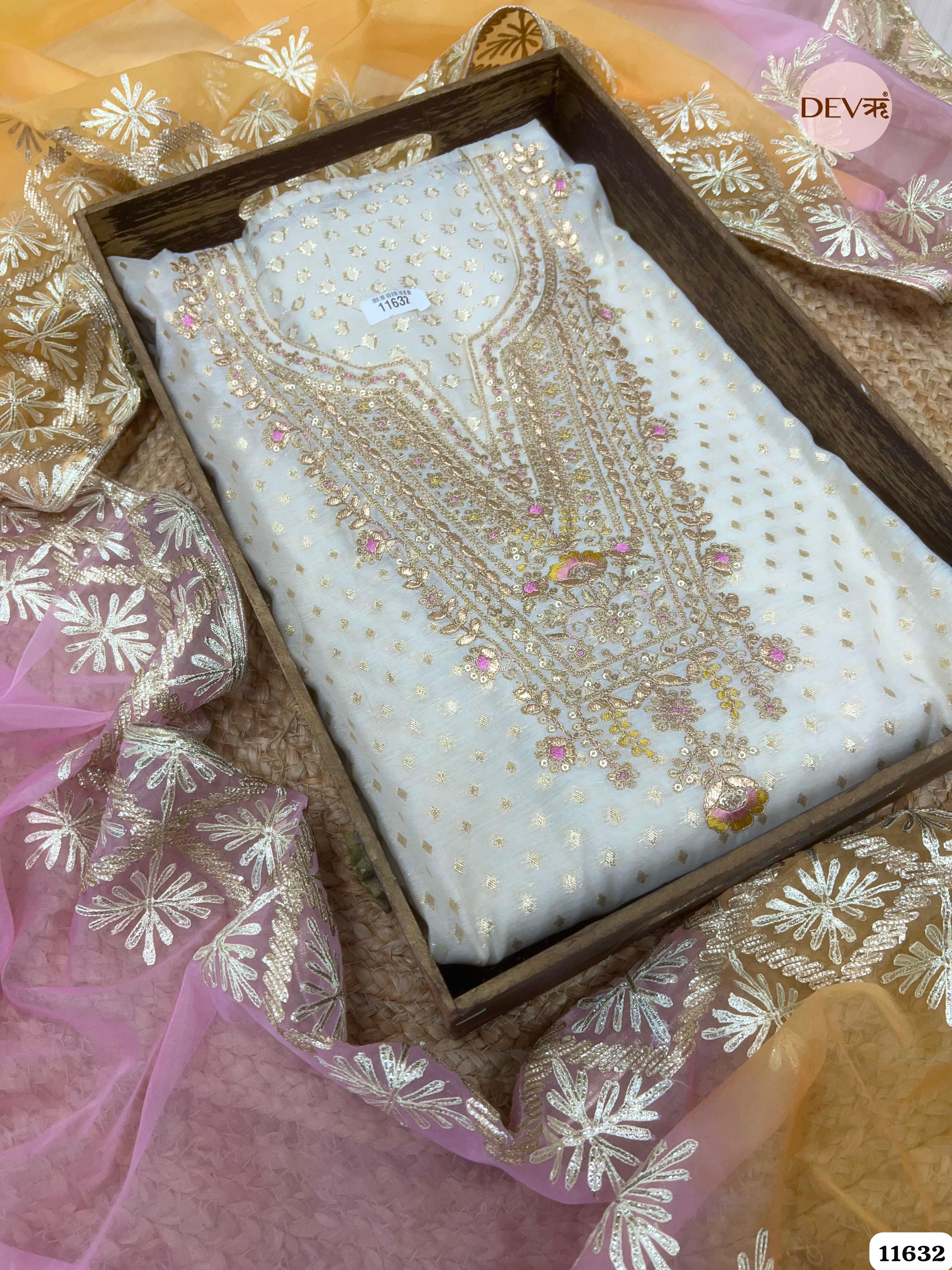 Off White Tissue Unstitched Woven Embroidered -Set Of 3 {11632}