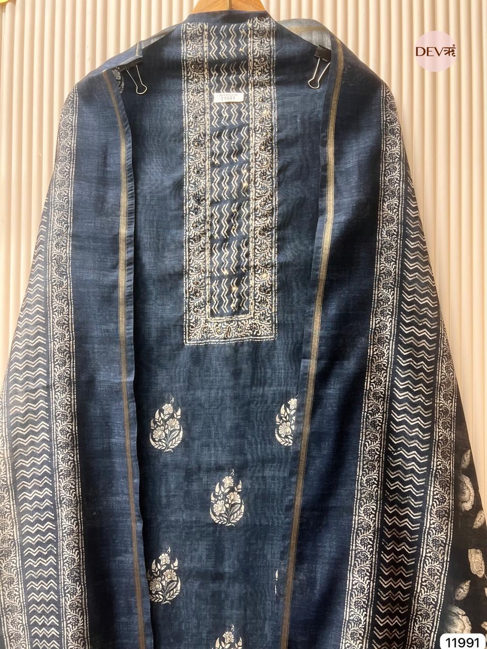 Navy Mul Chanderi Printed Unstitched 3-Piece Suit (Devri – D.No 11991)