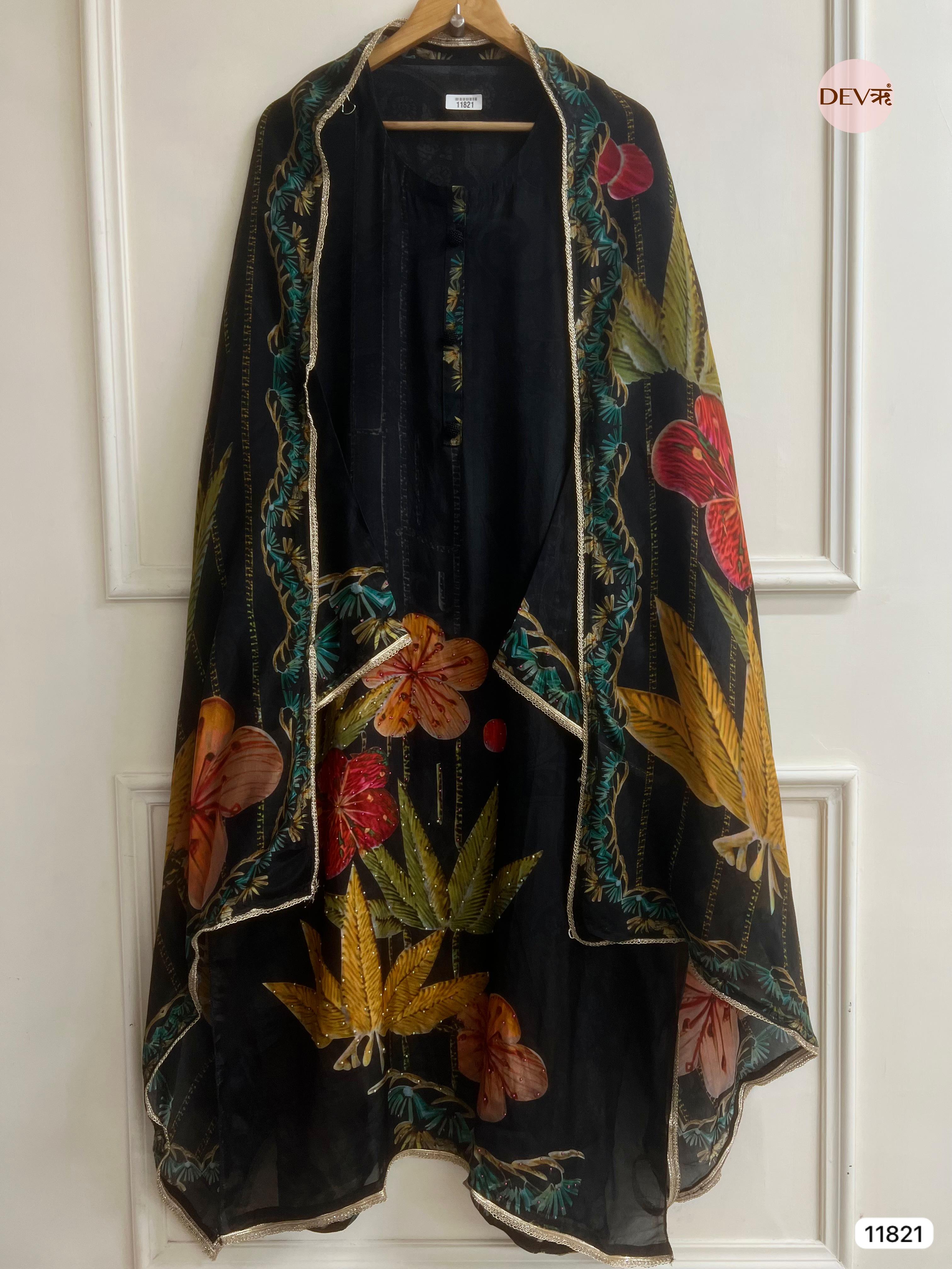 Black Organza silk Semi Stitched Printed Hand Embroidered -Set Of 3 - {11821}