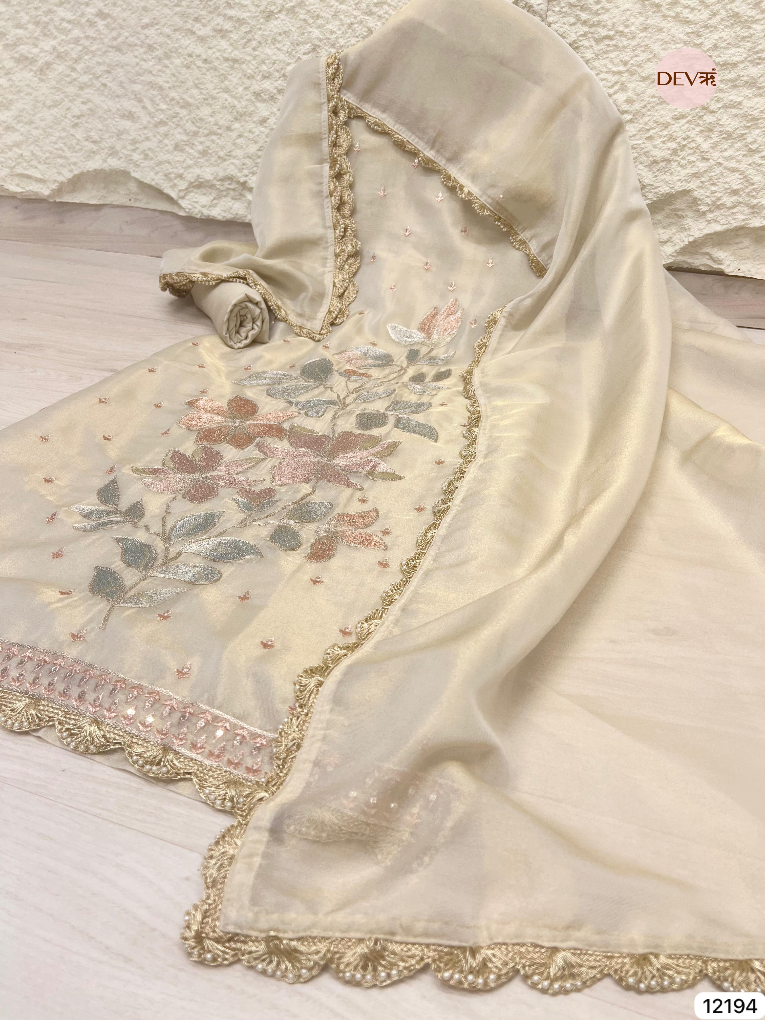 Off white Pure Shimmer Silk Unstitched -Set Of 3 - {12194}