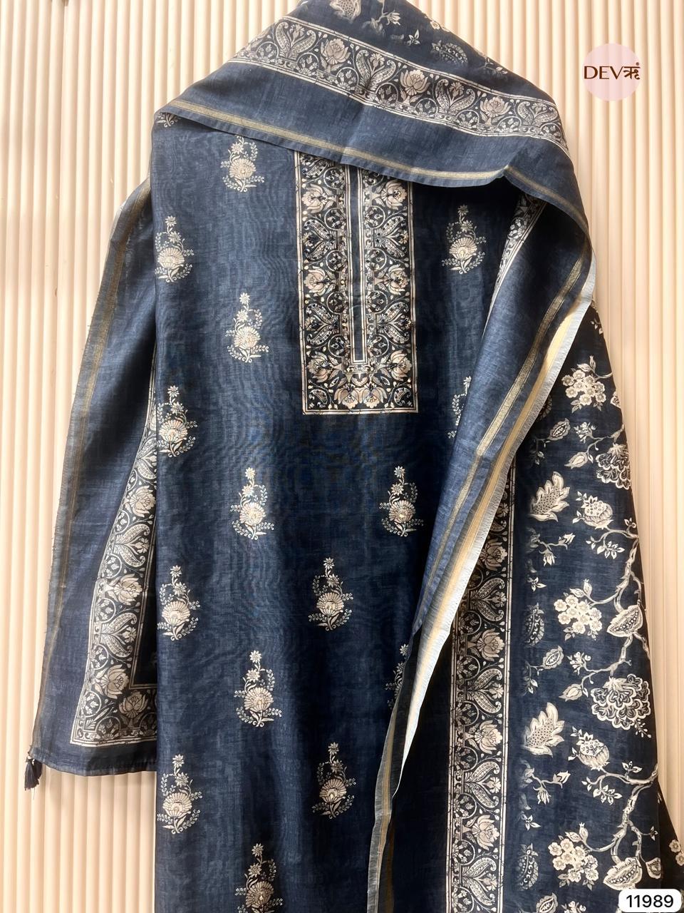 Navy Mul Chanderi Printed Unstitched 3-Piece Suit (Devri – D.No 11989)