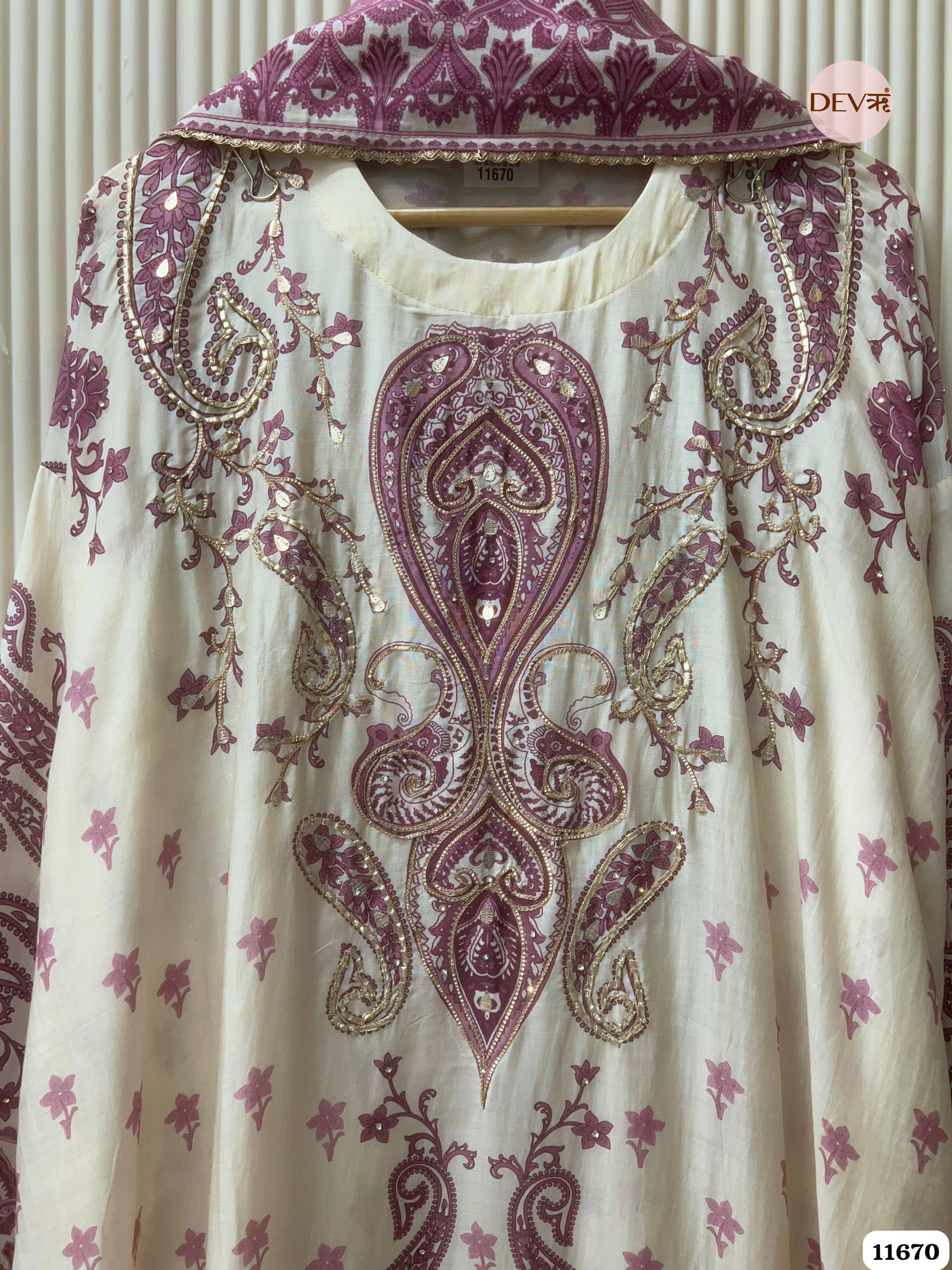 Off White/ purple Muslin Printed Semi Stitched Hand Embroidered -Set Of 3 - {11670}