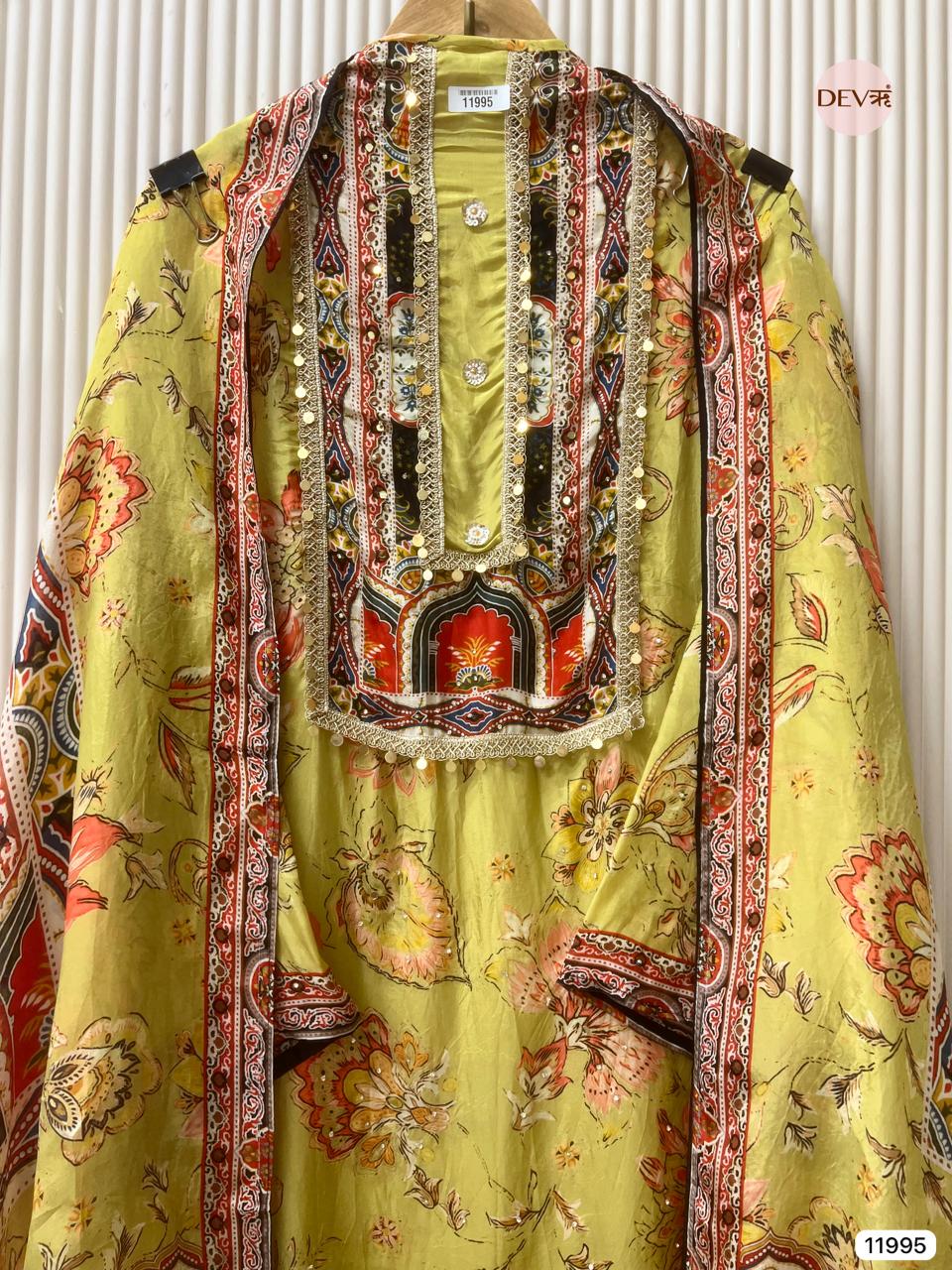 Green Soft Organza Silk Semi Stitched Pakistani Printed Hand Embroidered -Set Of 3 - {11995}