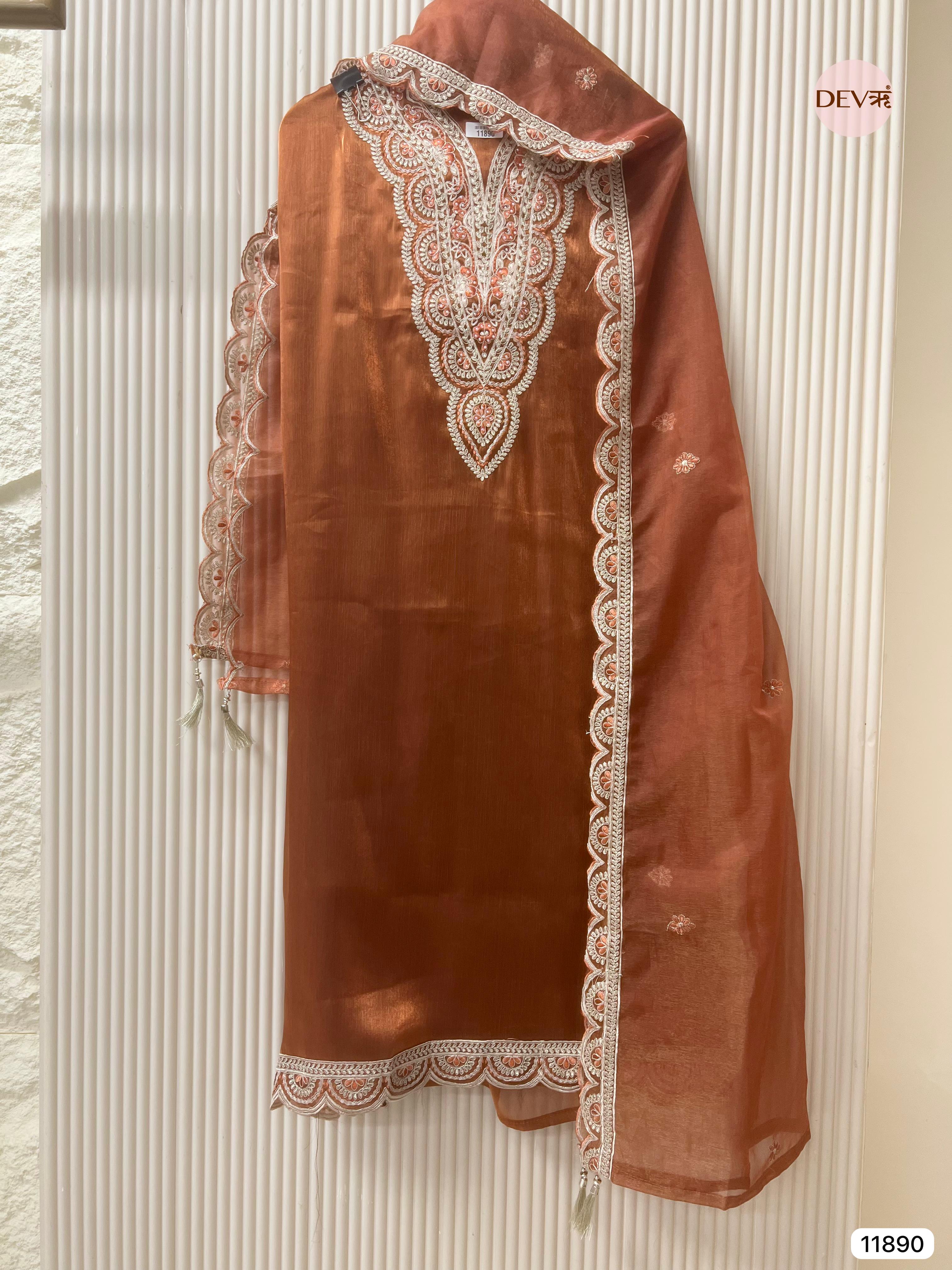 Brown Tissue Shimmer Silk Unstitched Printed Embroidered -Set Of 3 - {11890}