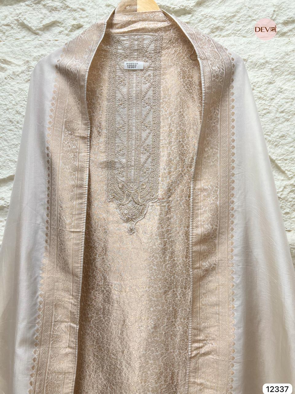 Ivory Beige Pure Banarasi Silk Embroidered Unstitched 3-Piece Suit (Devri – D.No 12337)