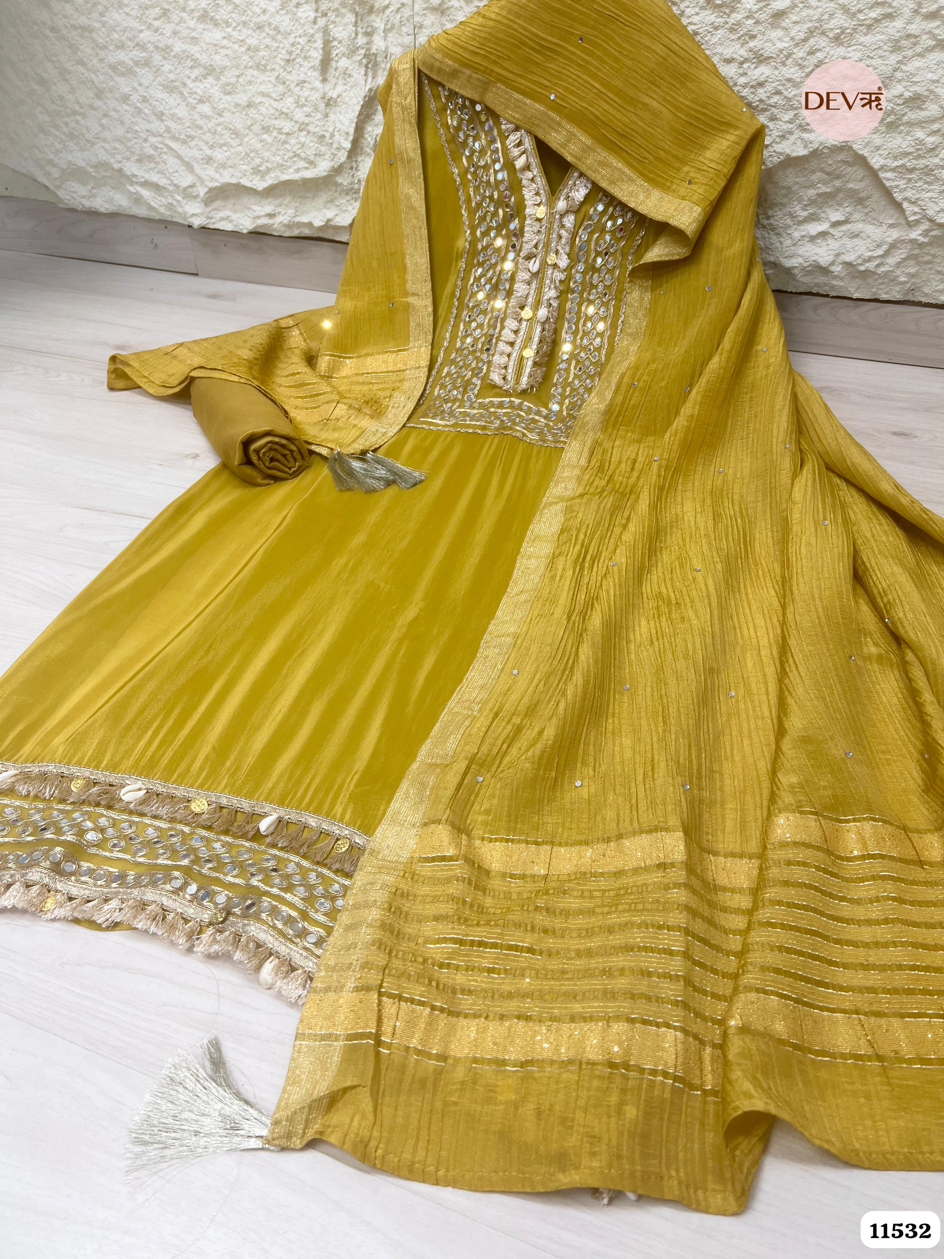 Yellow Pure Tissue Silk Unstitched Hand Embroidered -Set Of 3 {11532}