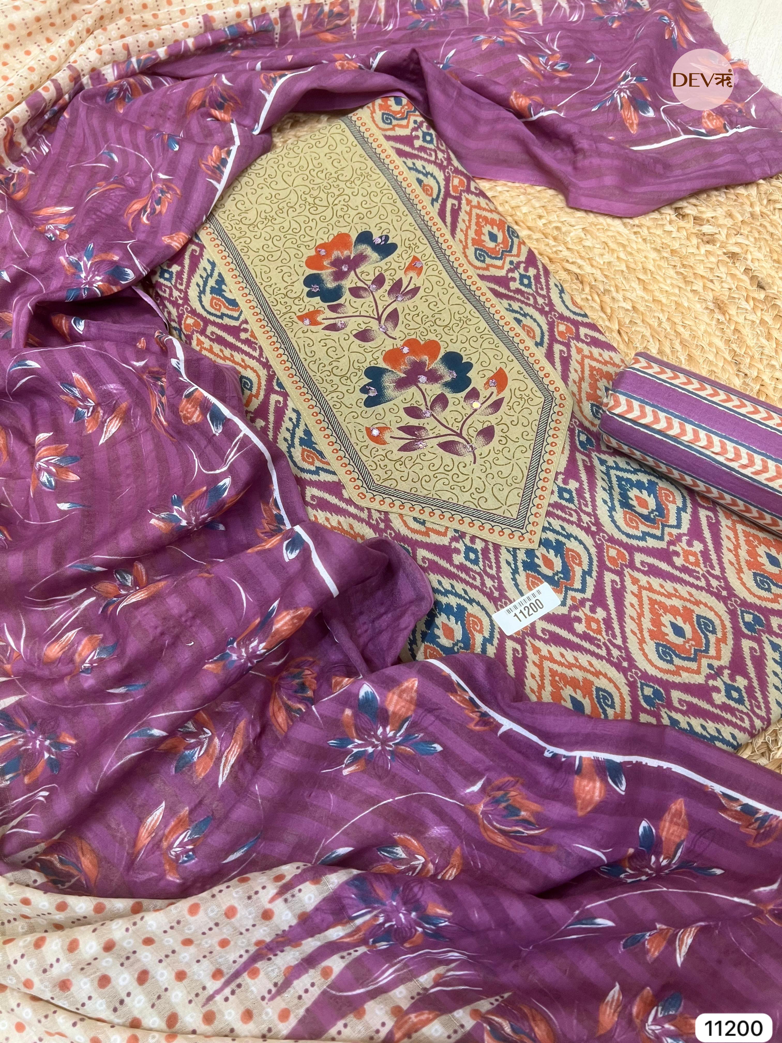 {11200} Purple Pure Cotton unstitched Printed Embroidered -Set Of 3