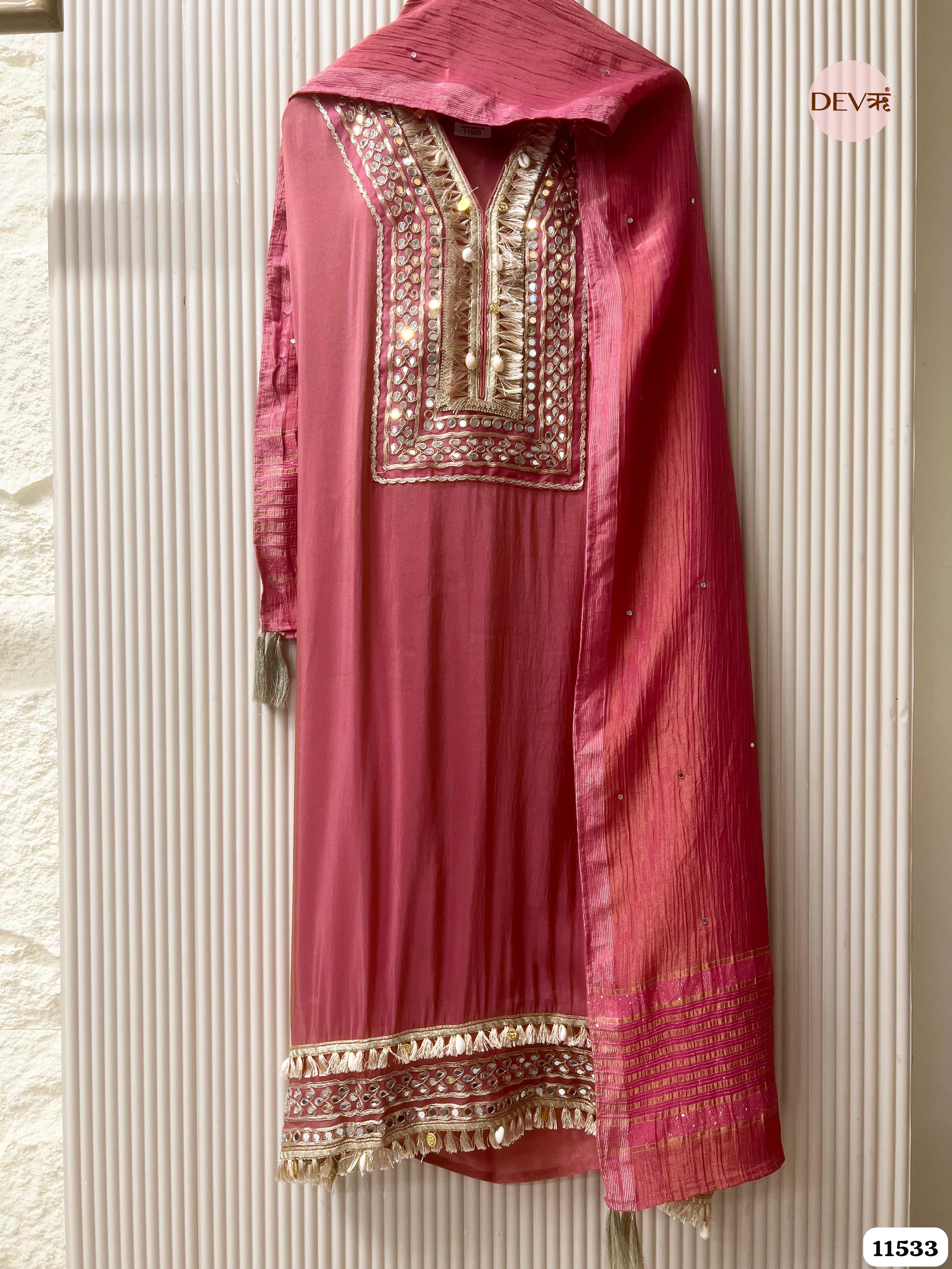 Pink Pure Tissue Silk Unstitched Hand Embroidered -Set Of 3 {11533}
