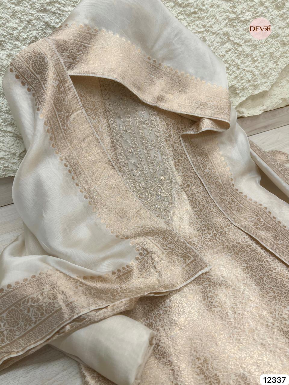 Ivory Beige Pure Banarasi Silk Embroidered Unstitched 3-Piece Suit (Devri – D.No 12337)