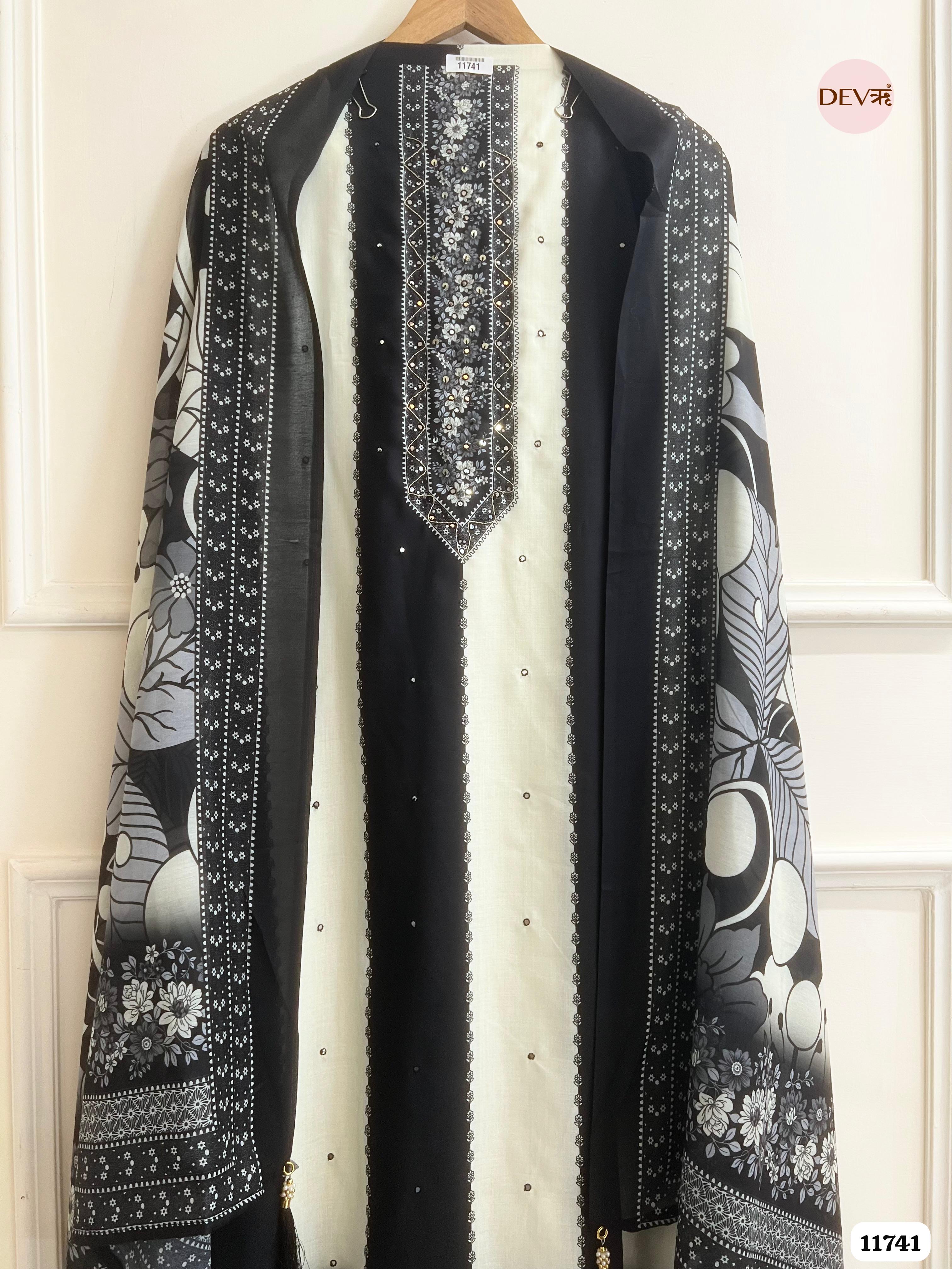 Black And White Cotton Unstitched Embroidered Printed -Set Of 3 {11741}