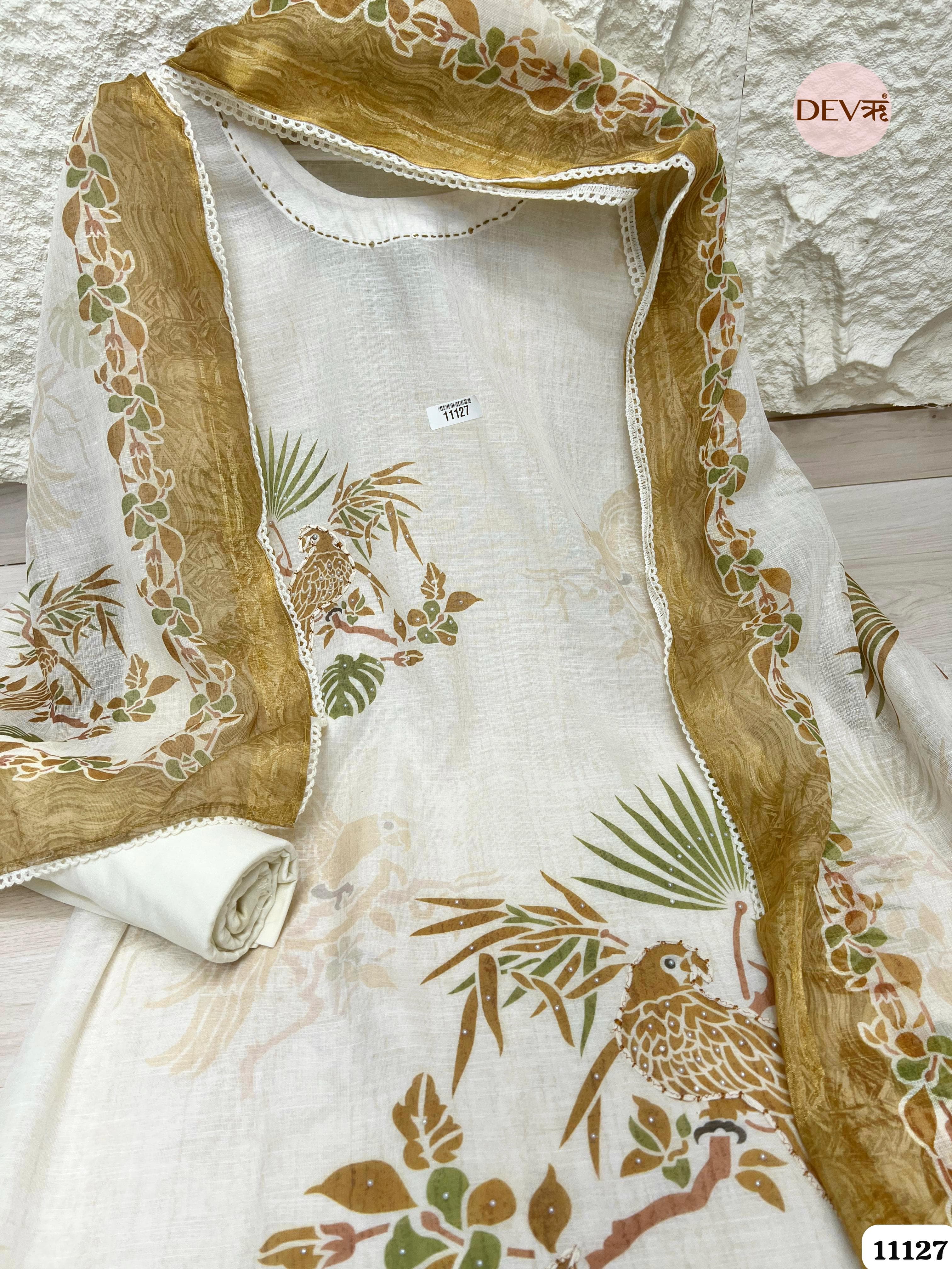 White Linen Unstitched Printed Embroidered -Set Of 3 {11127}