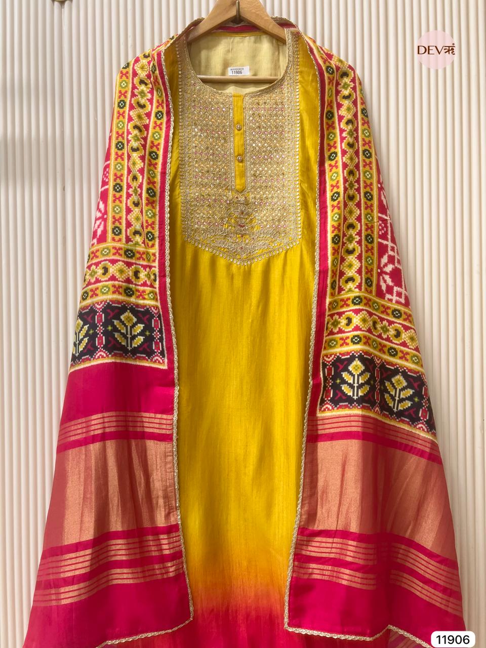 Yellow Pure Russian Silk Unstitched Hand Embroidered -Set Of 3 - {11906}