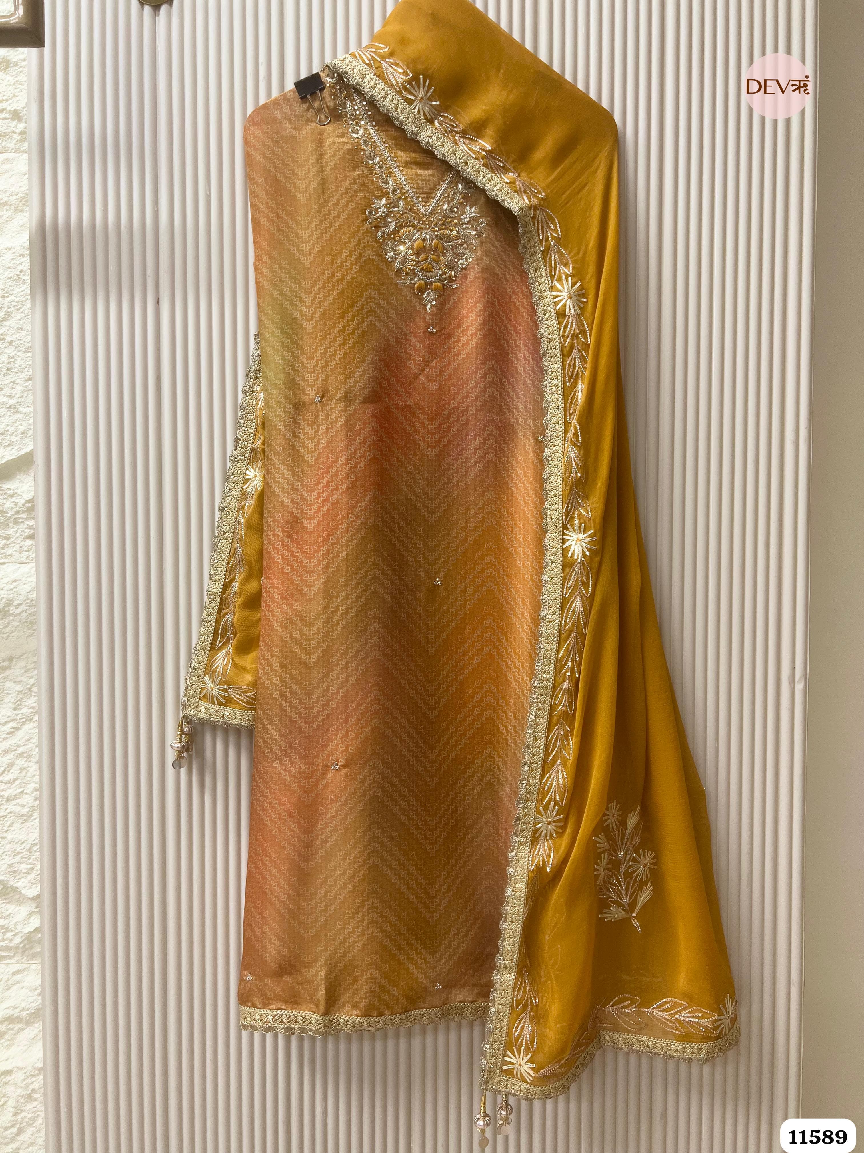 Mustard Yellow Pure Tissue Silk Printed Unstitched Hand Embroidered -Set Of 3 {11589}