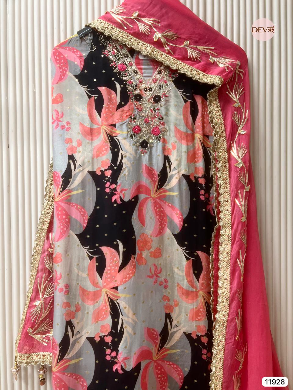 Pink Glass Tissue Silk Unstitched Printed Hand Embroidered -Set Of 3 - {11928}