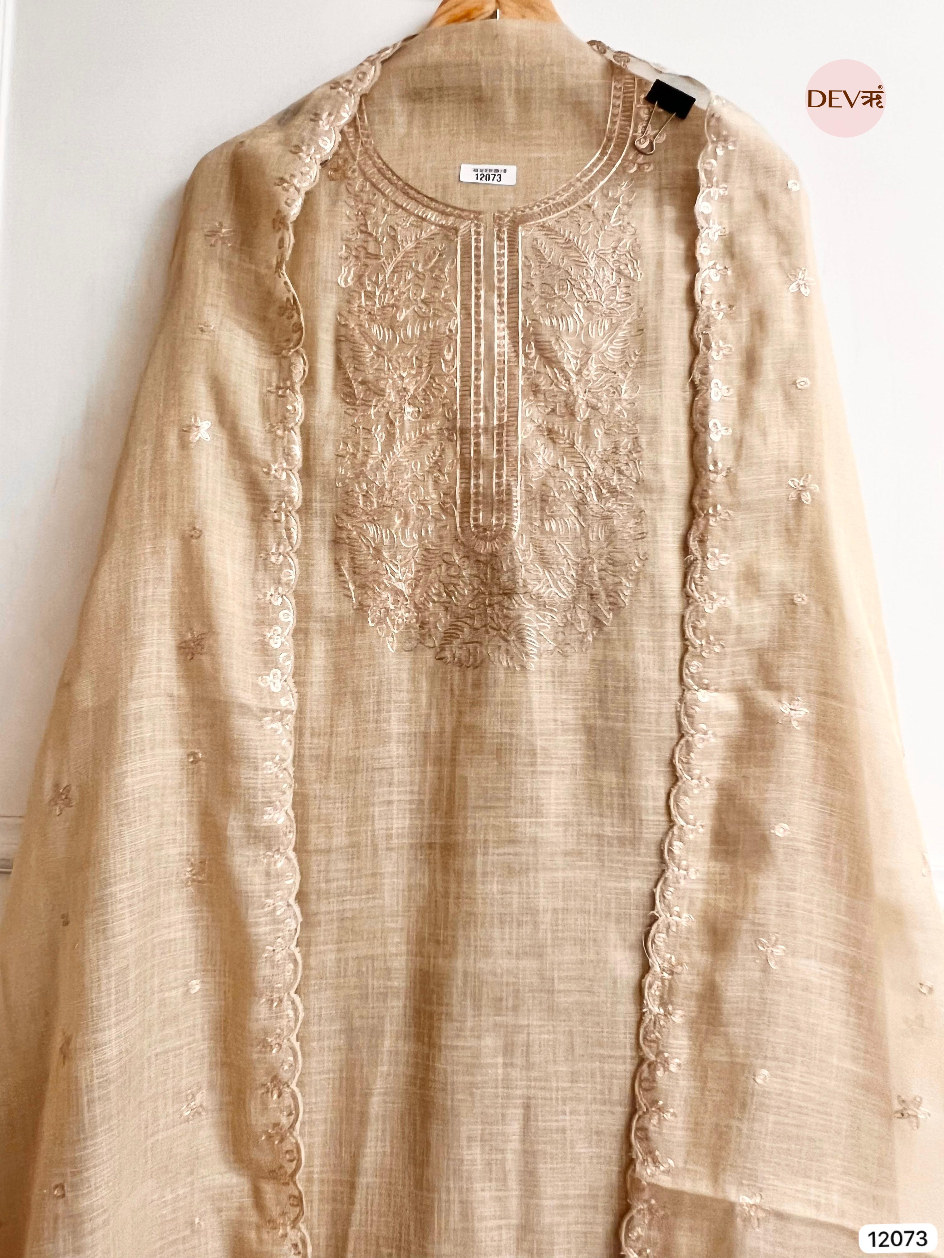 Beige Pure Linen Unstitched Zardosi Embroidered -Set Of 3 - {12073}