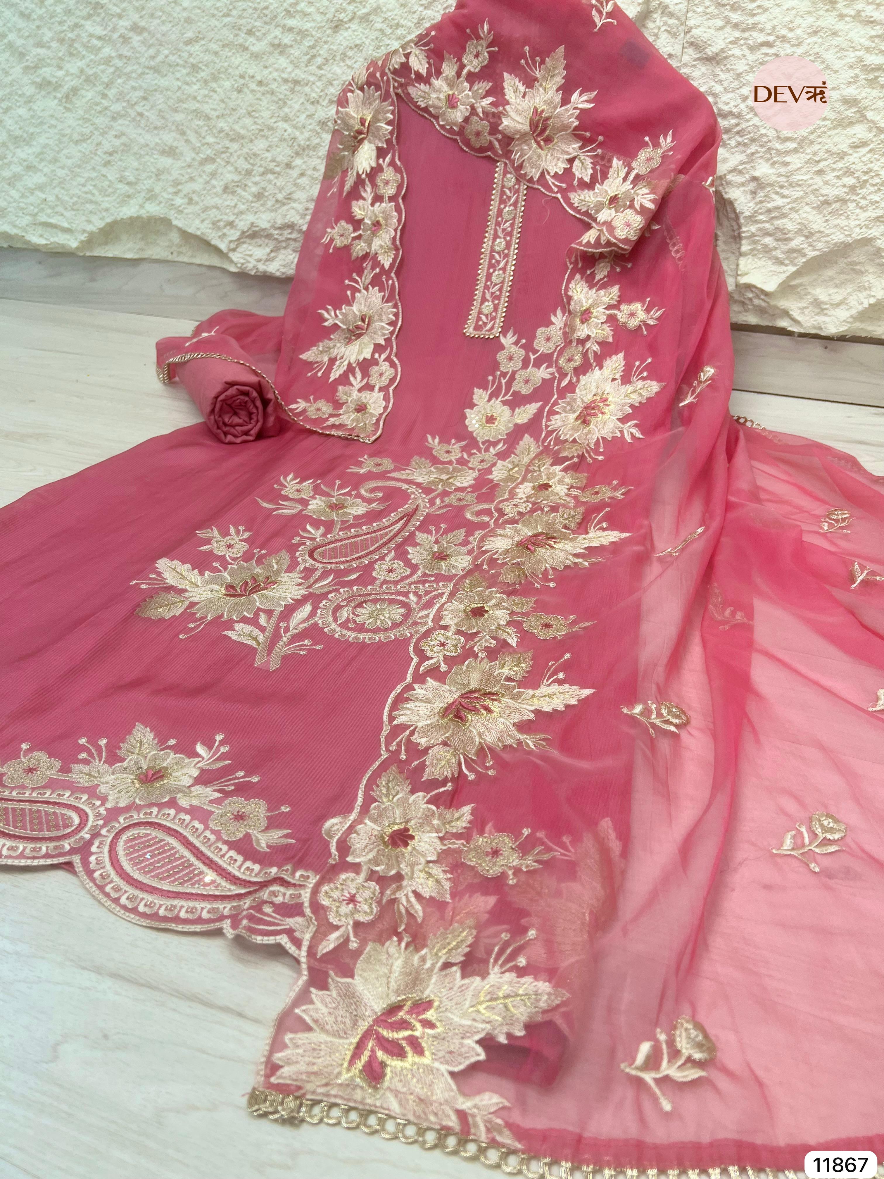 Pink Tissue Silk Unstitched Embroidered -Set Of 3- {11867}
