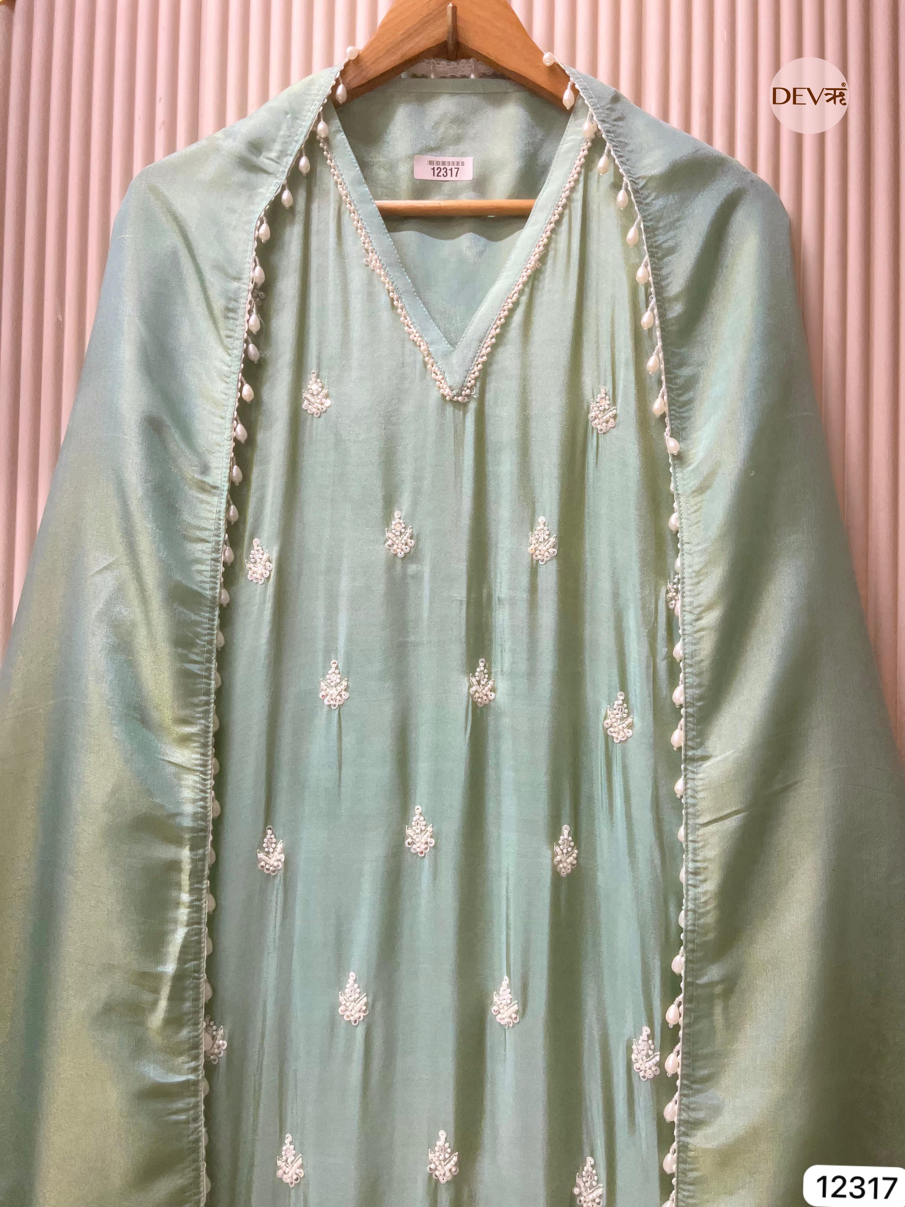 Mint Green Shimmer Silk Embroidered Unstitched 3-Piece Suit (Devri – D.No 12317)
