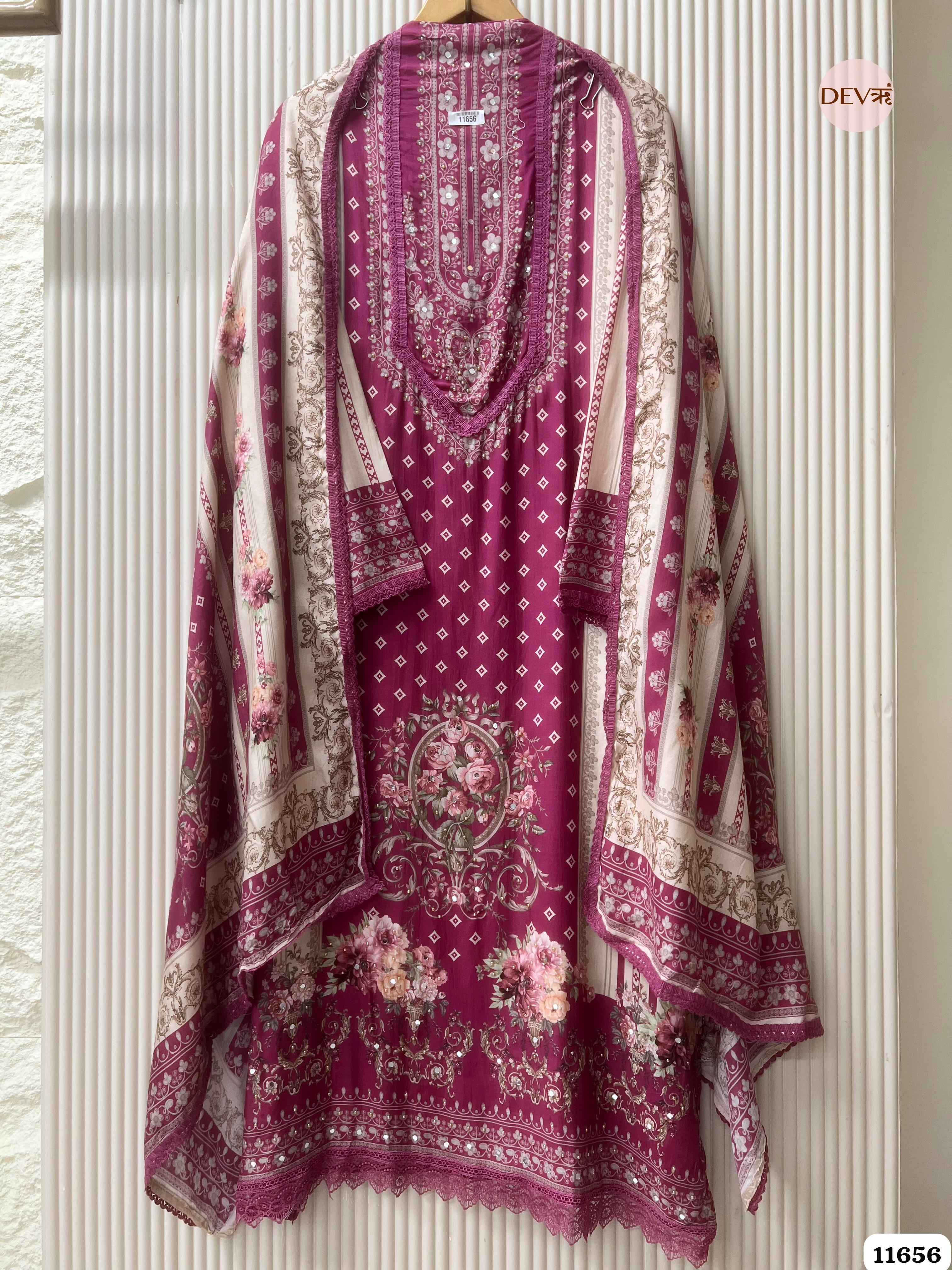 Magenta Pink Muslin Printed Semi Stitched Hand Embroidered -Set Of 3 {11656}