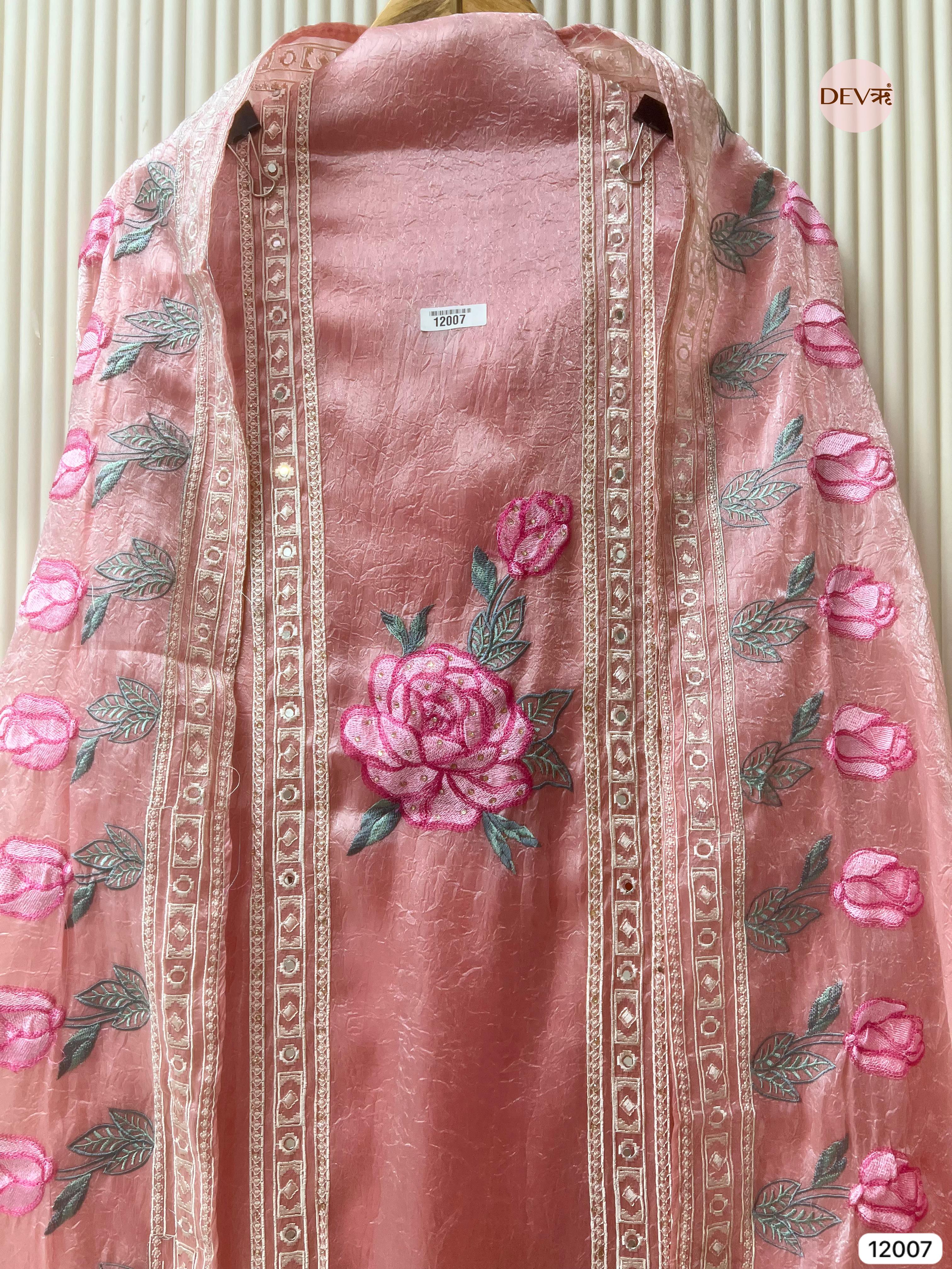 Pink Tissue Organza Silk Unstitched Embroidered -Set Of 3 - {12007}