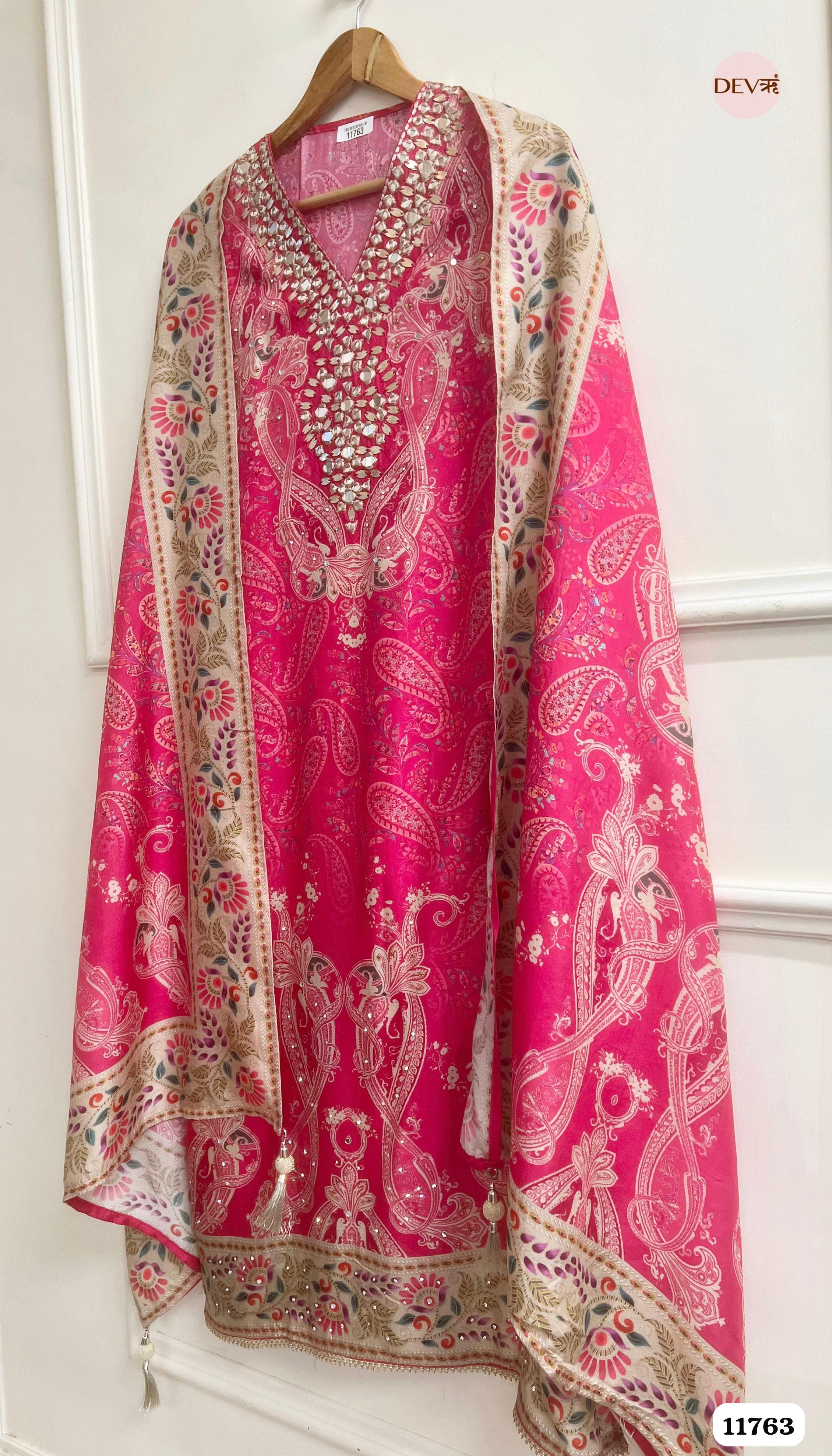 Pink Russian Silk Unstitched Hand Embroidered -Set Of 3 {11763}