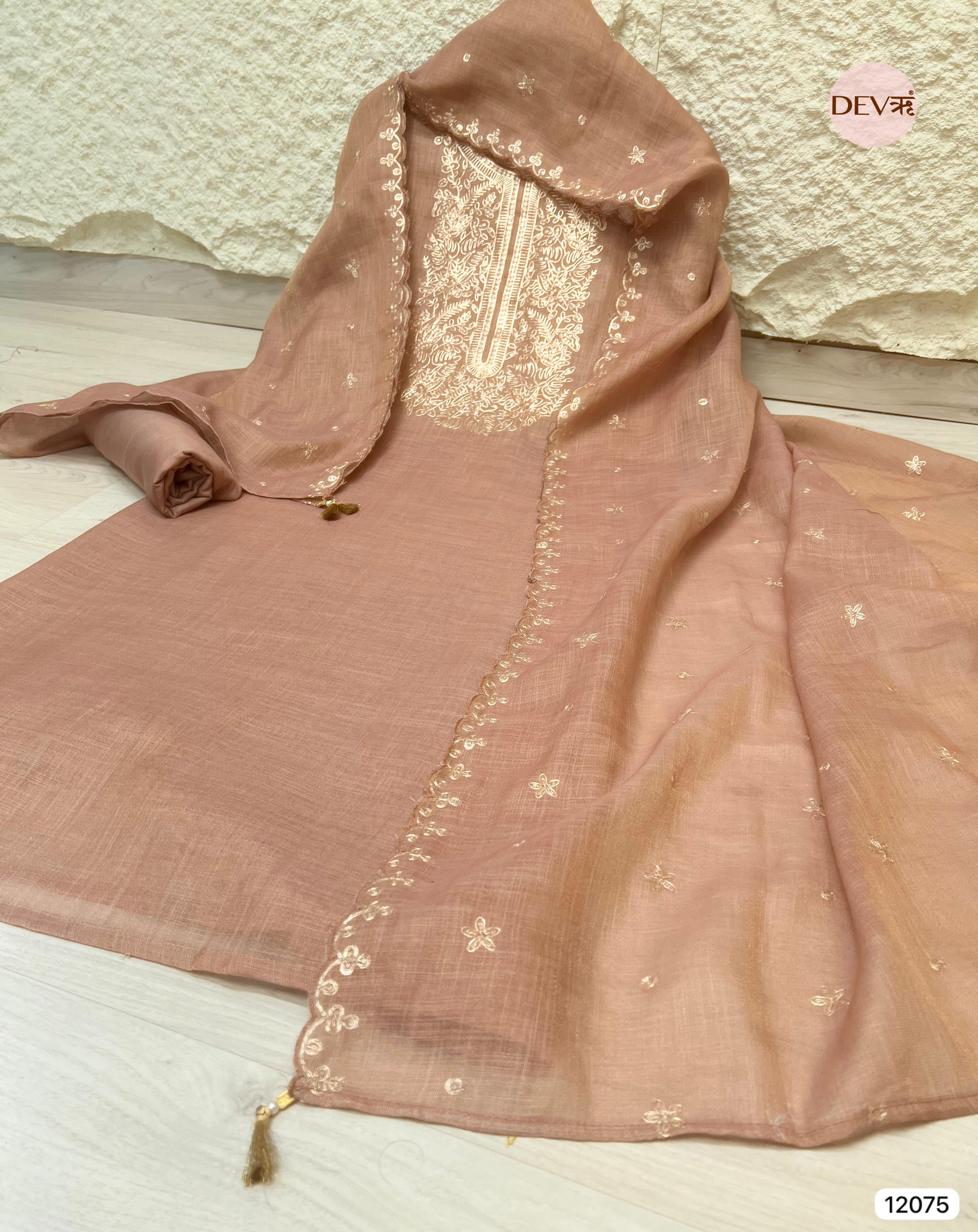 Brown Pure Linen Unstitched Zardosi Embroidered -Set Of 3 - {12075}