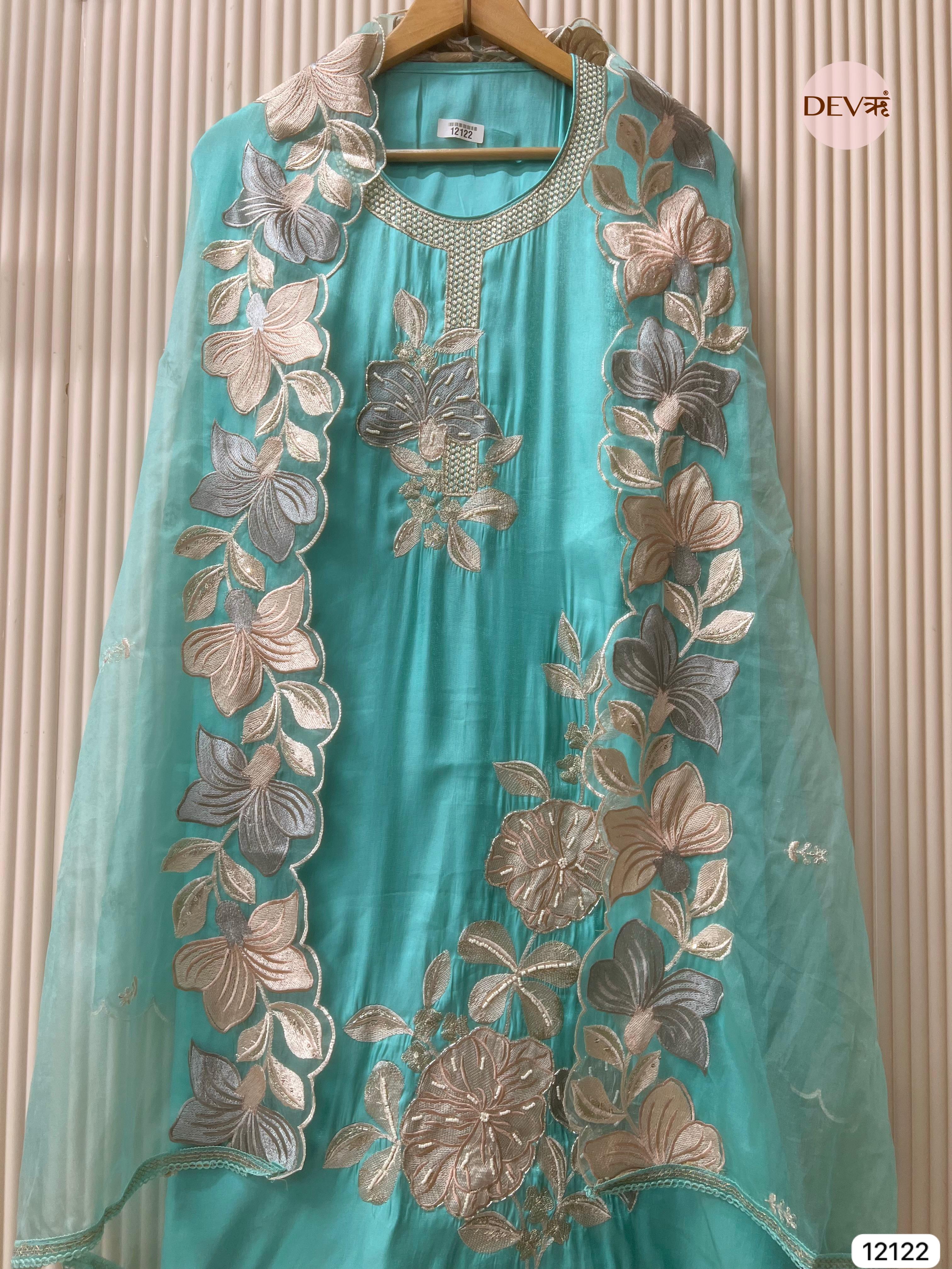 Light Blue Organza Silk Unstitched Hand Embroidered -Set Of 3 - {12122}