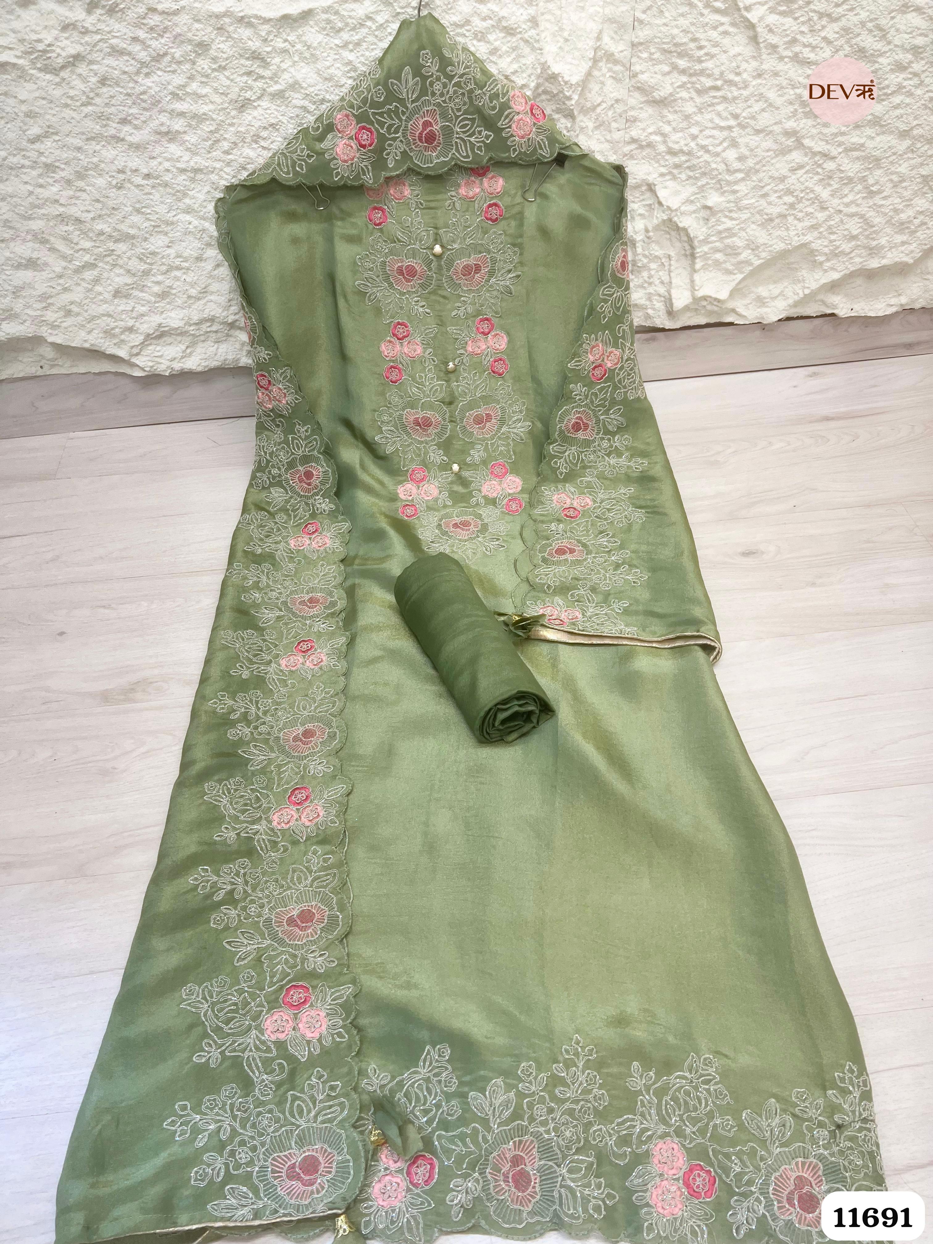 Green Tissue Silk Unstitched Embroidered -Set Of 3 {11691}