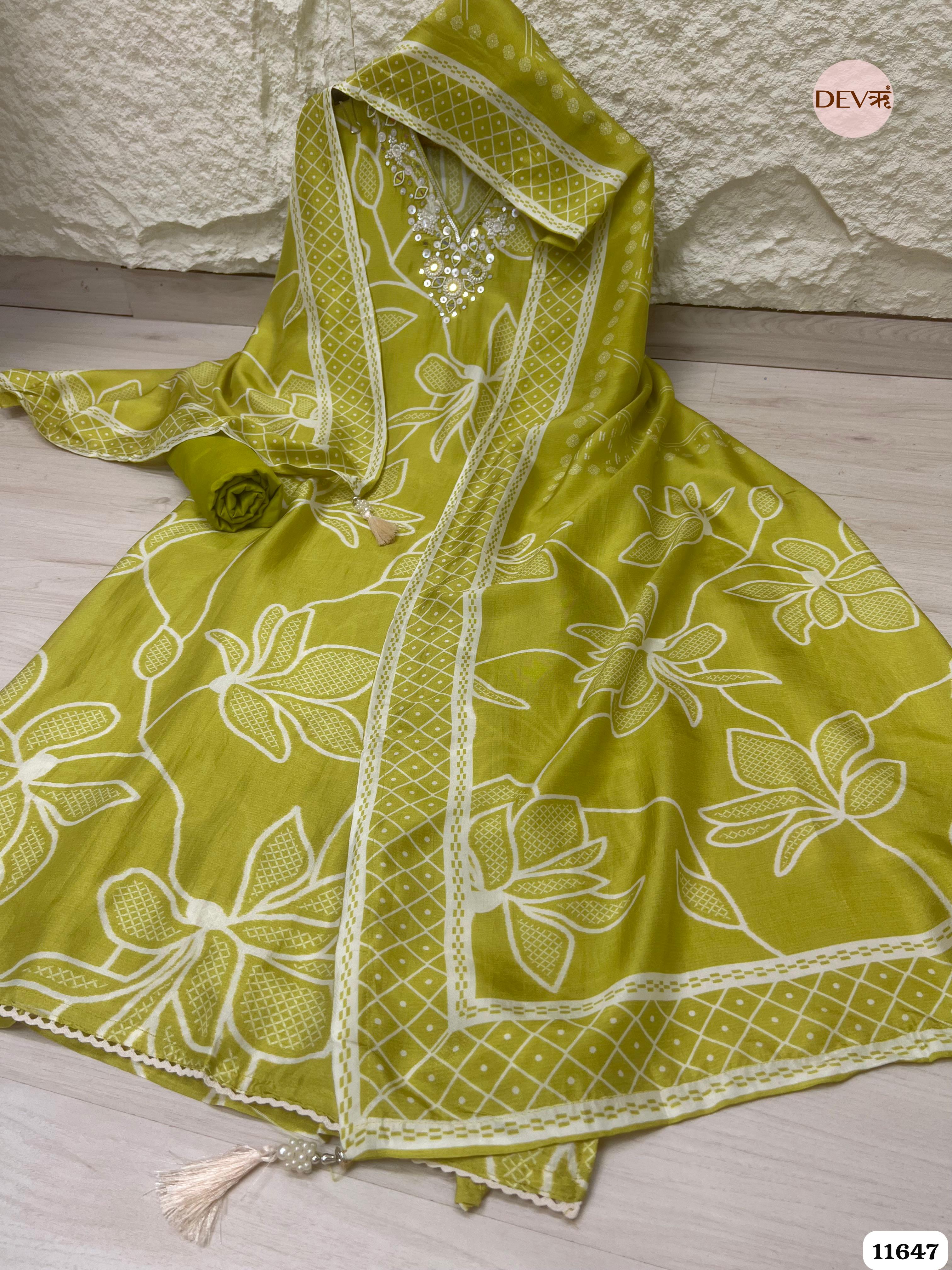 Green Russian Silk Printed Unstitched Hand Embroidered -Set Of 3 {11647}