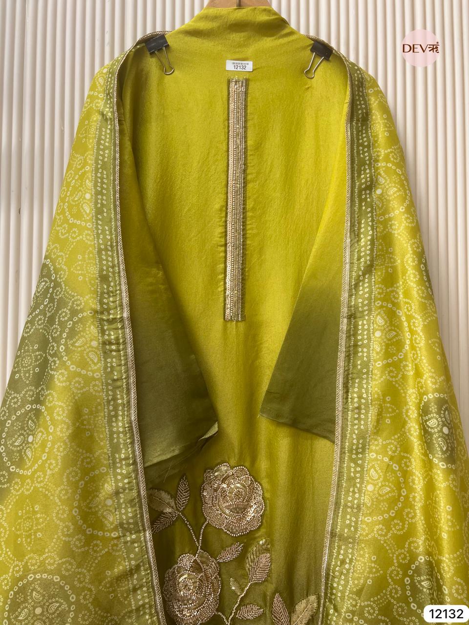 Olive-Green Soft Tissue Silk Embroidered Unstitched 3-Piece Suit (Devri – D.No 12132)