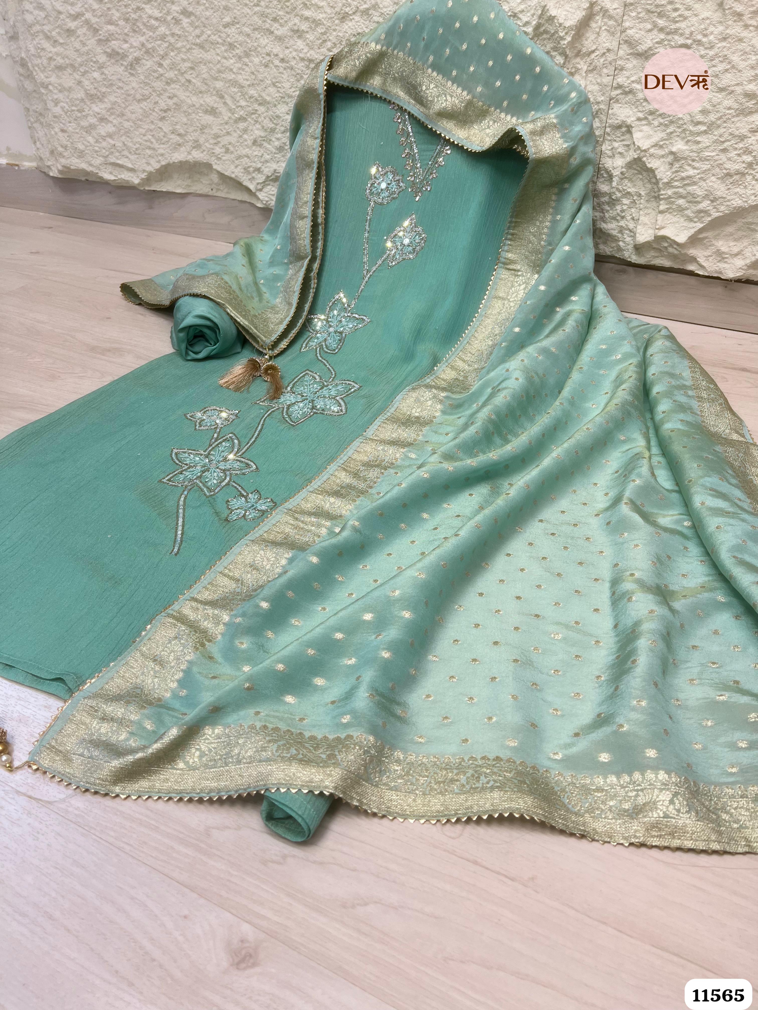 Seafoam Green Pure Chinon Unstitched Hand Embroidered -Set Of 3 {11565}