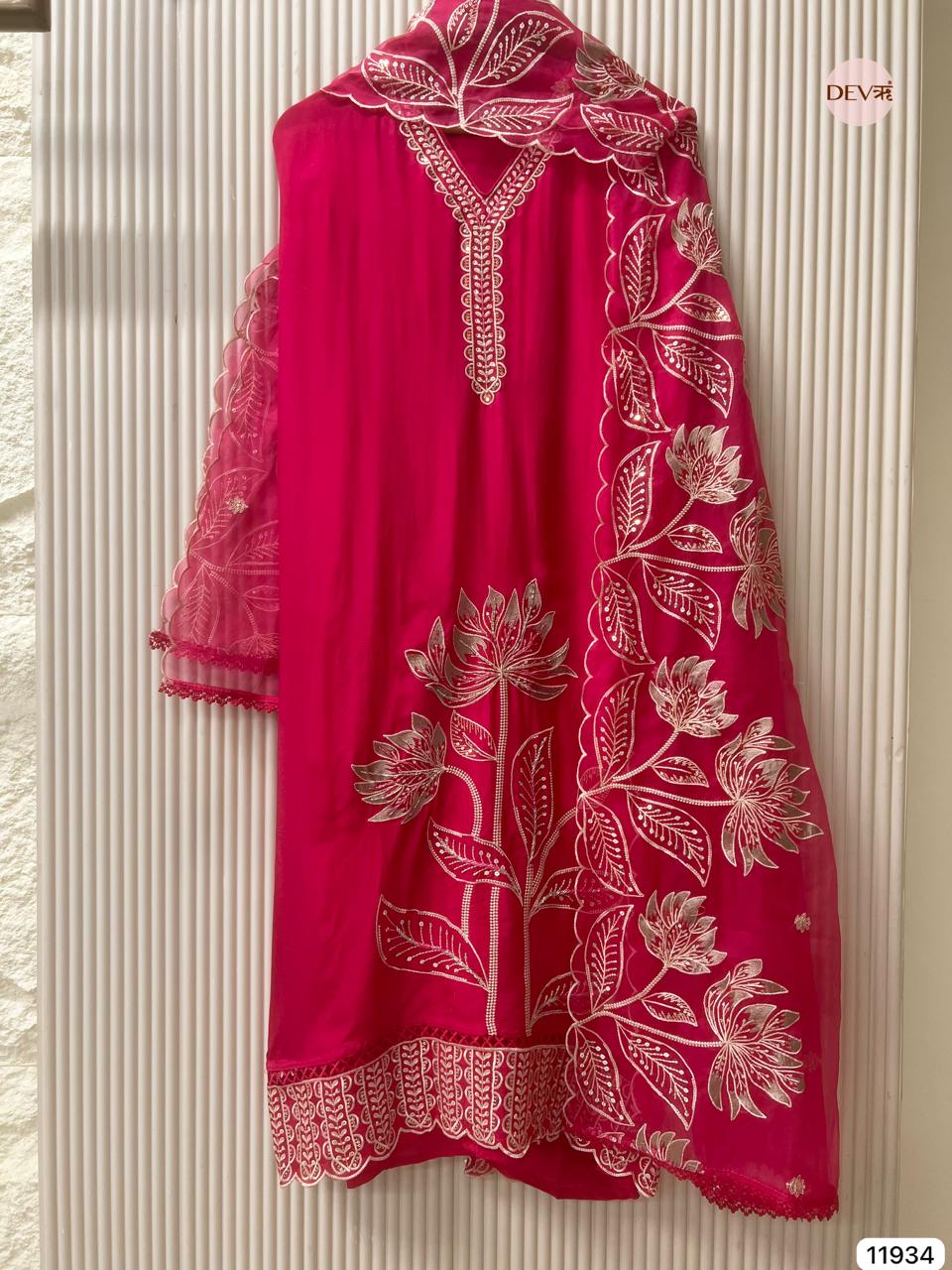 Pink Glass Tissue Silk Unstitched Embroidered -Set Of 3 - {11934}