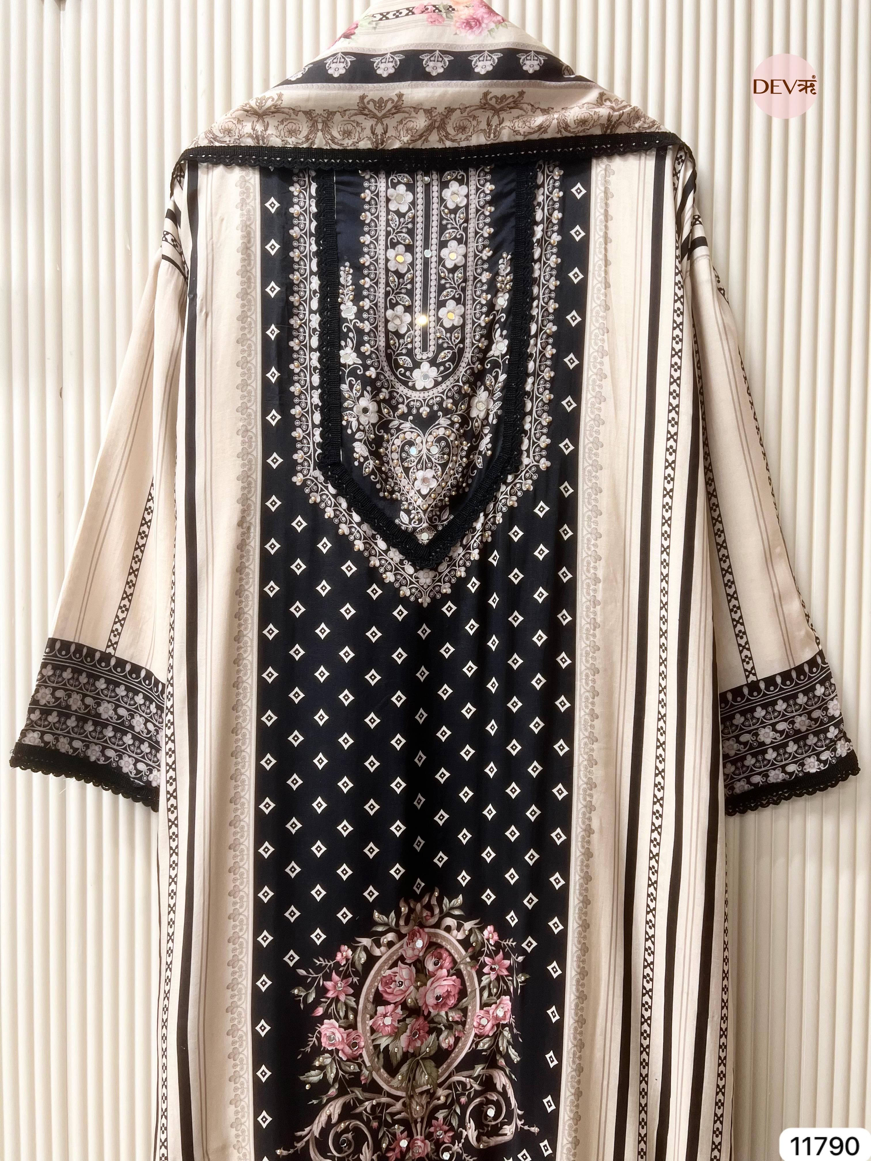 Black Pure Muslin Semi Stitched Pakistani Printed Hand Embroidered -Set Of 3 - {11790}