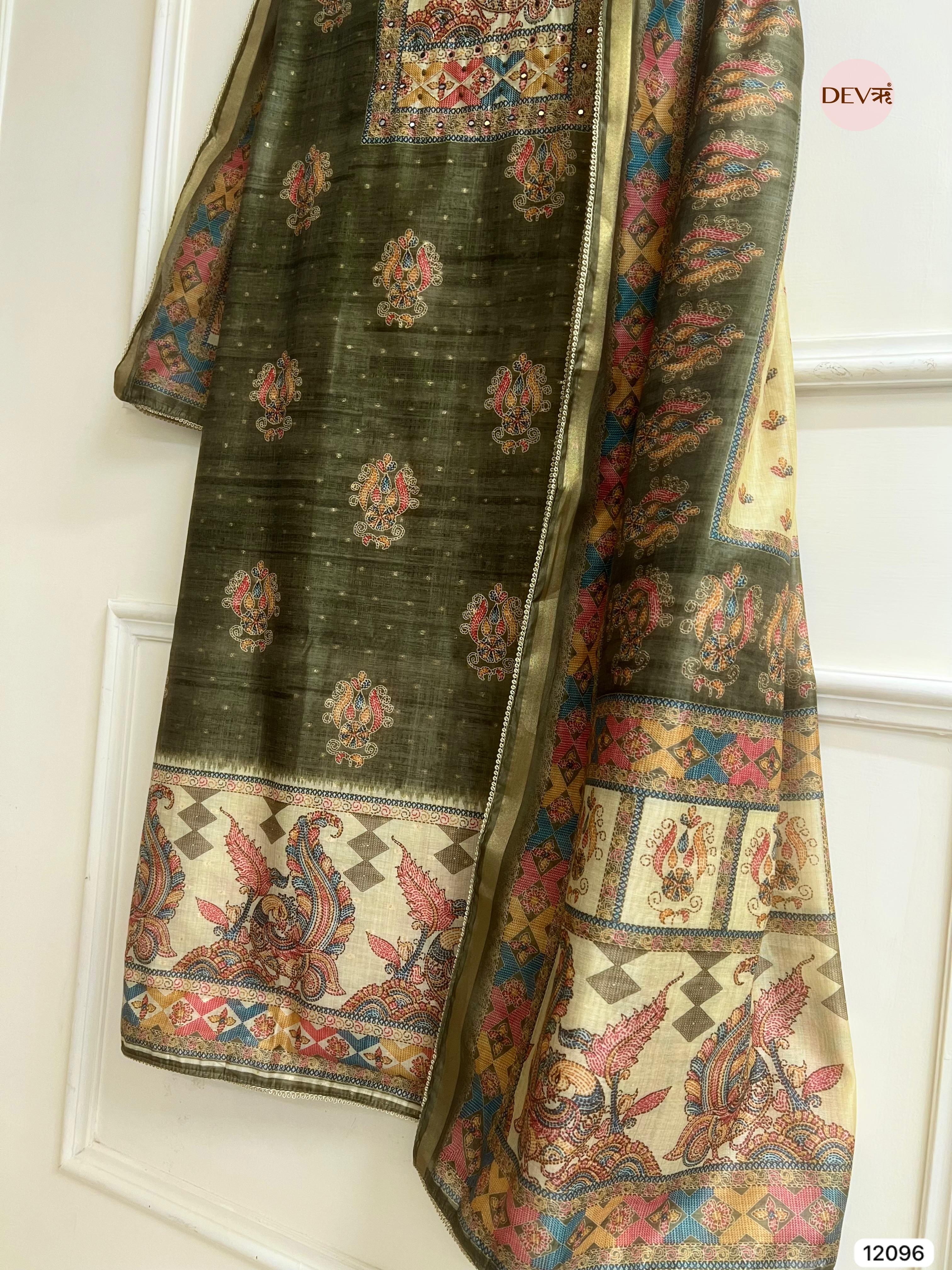 Green Tusser Khadi Silk Printed Unstitched Hand Embroidered -Set Of 3 - {12096}
