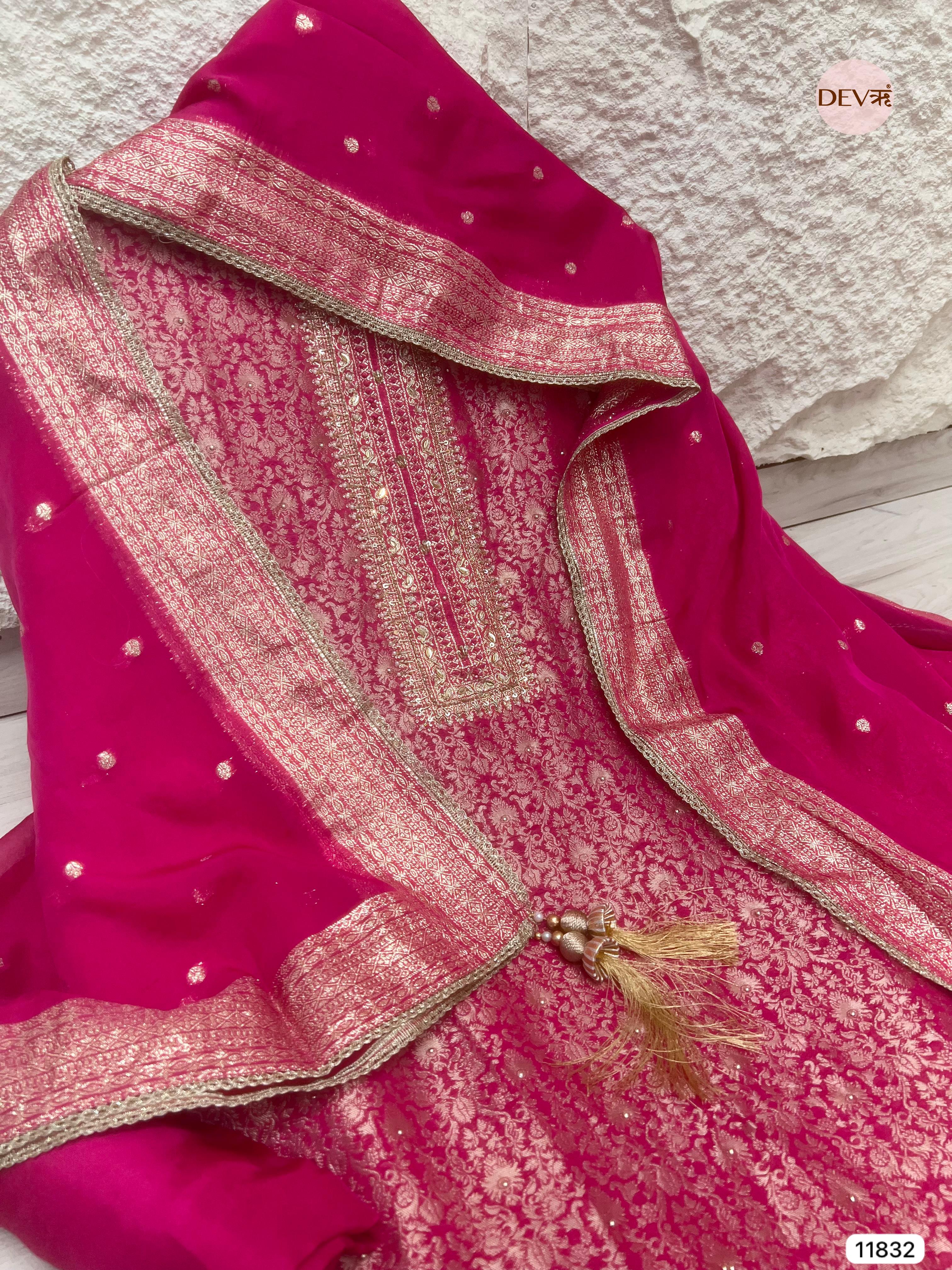 Pink Pure Shimmer Tissue Banarasi Woven Silk Unstitched Hand Embroidered -Set Of 3- {11832}