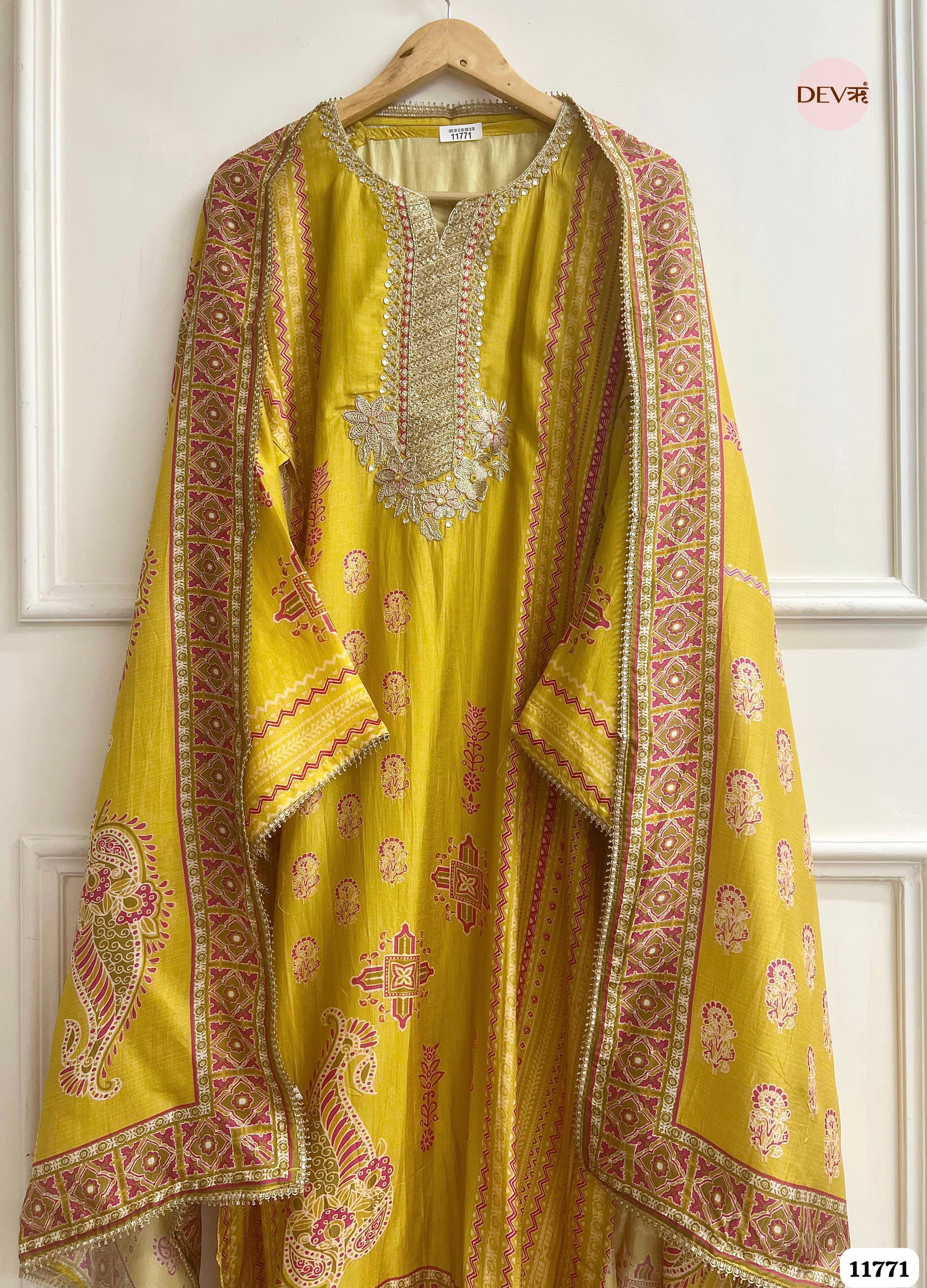 Yellow Russian Silk Unstitched Hand Embroidered -Set Of 3 {11771}