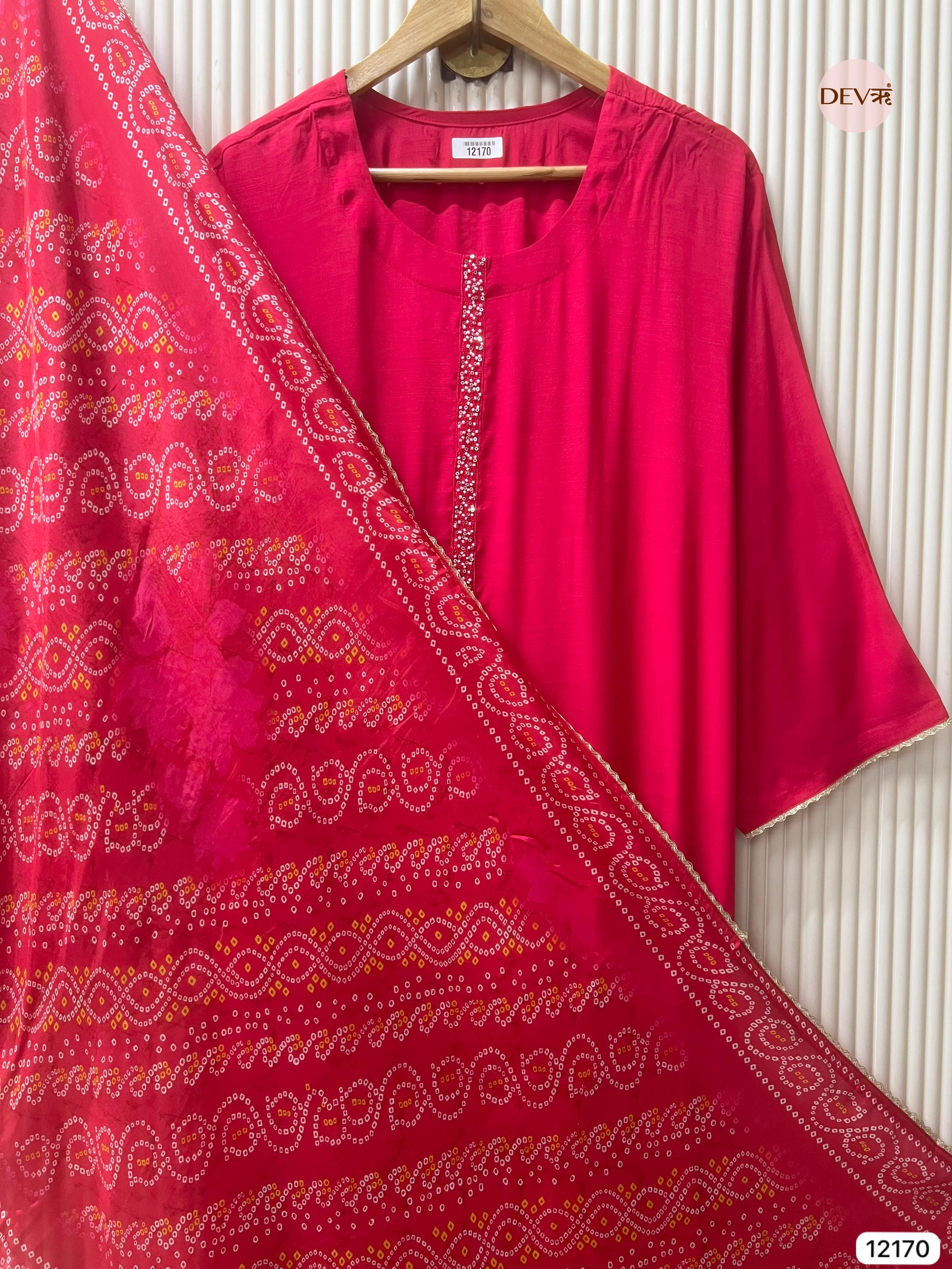 Red Pure Russian Silk Semi stitched Hand Embroidered -Set Of 3 - {12170}