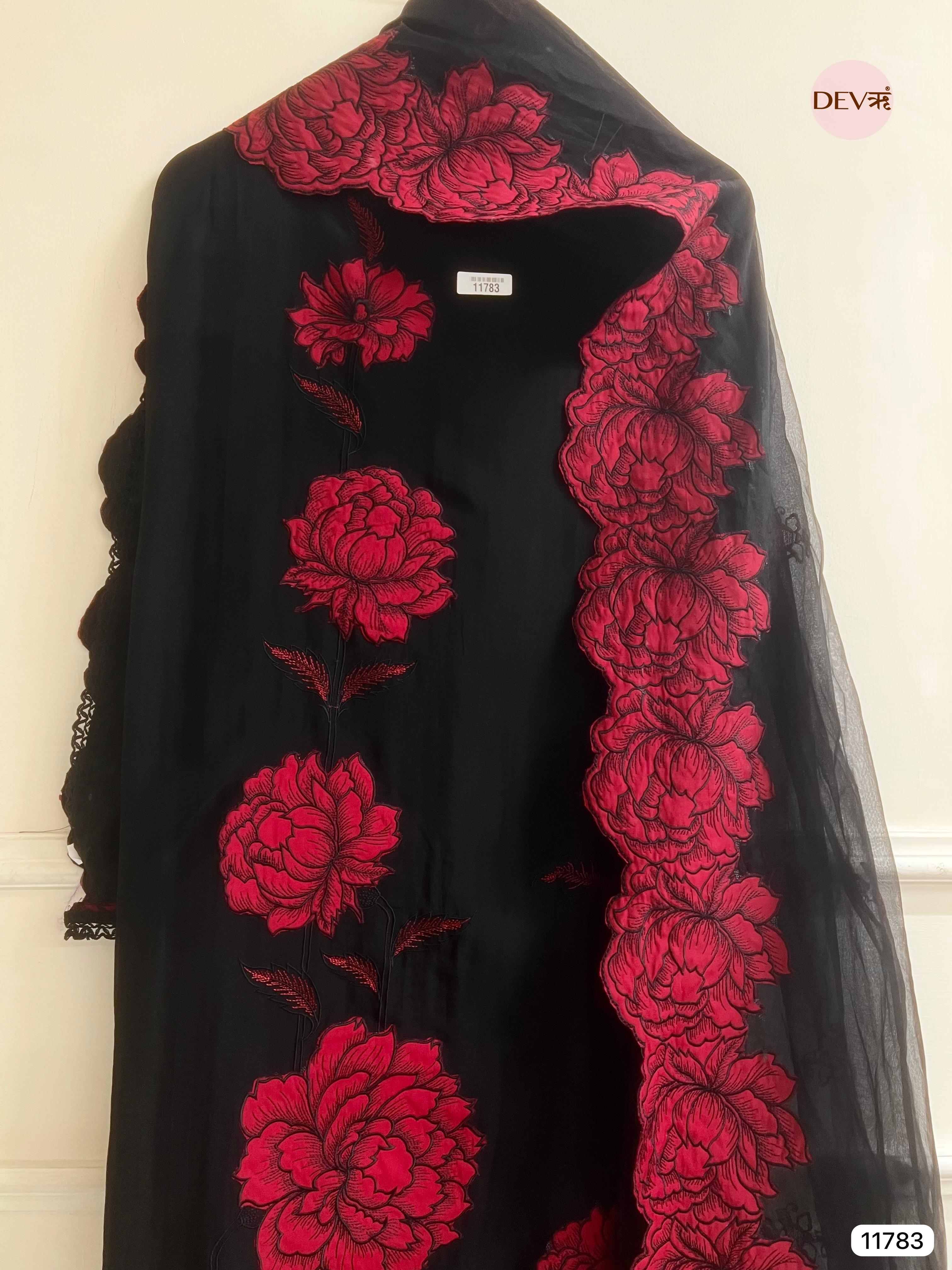 Black Organza Unstitched Embroidered -Set Of 3- {11783}