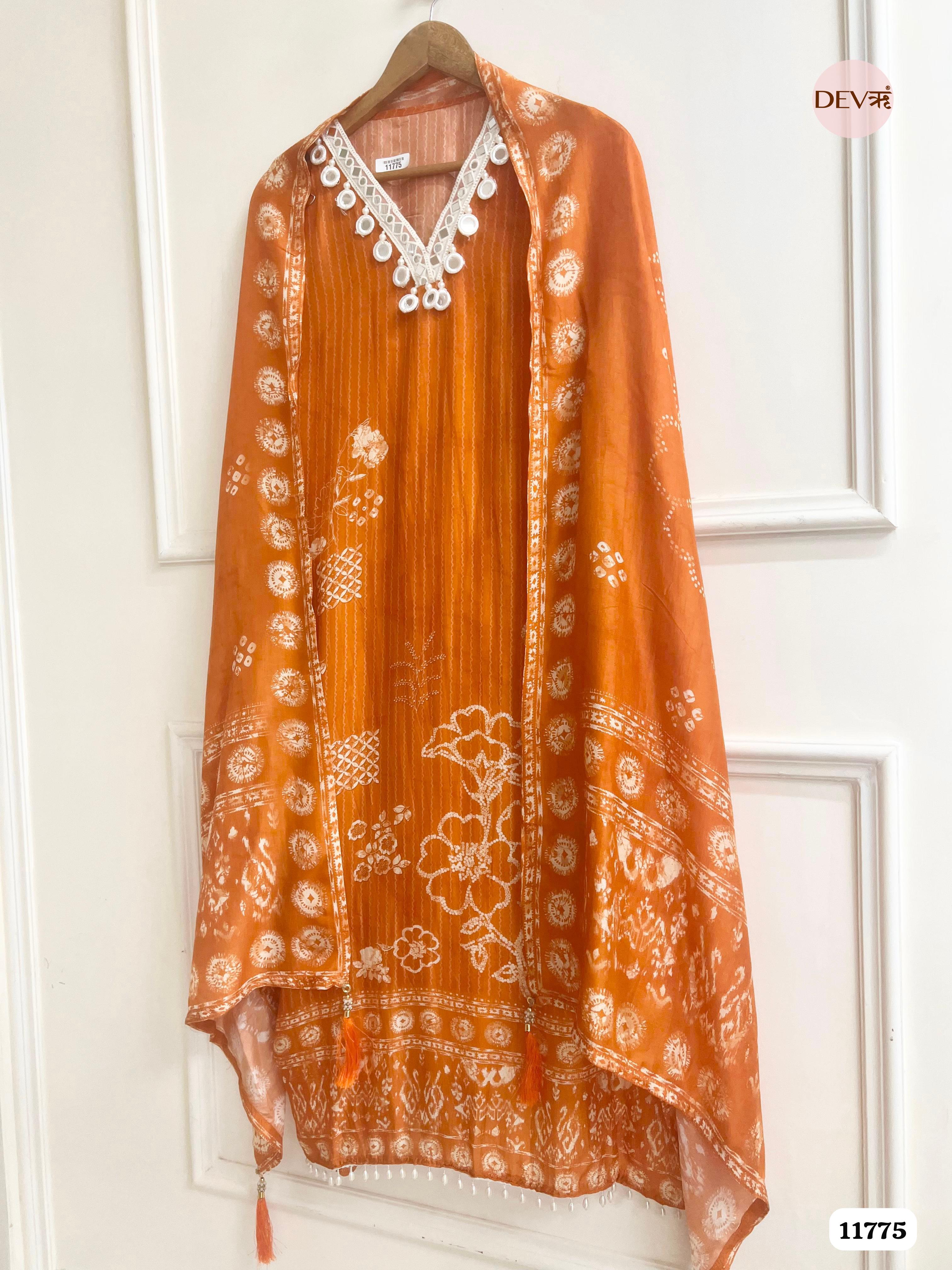 Orange Russian Silk Unstitched Printed Hand Embroidered -Set Of 3 {11775}