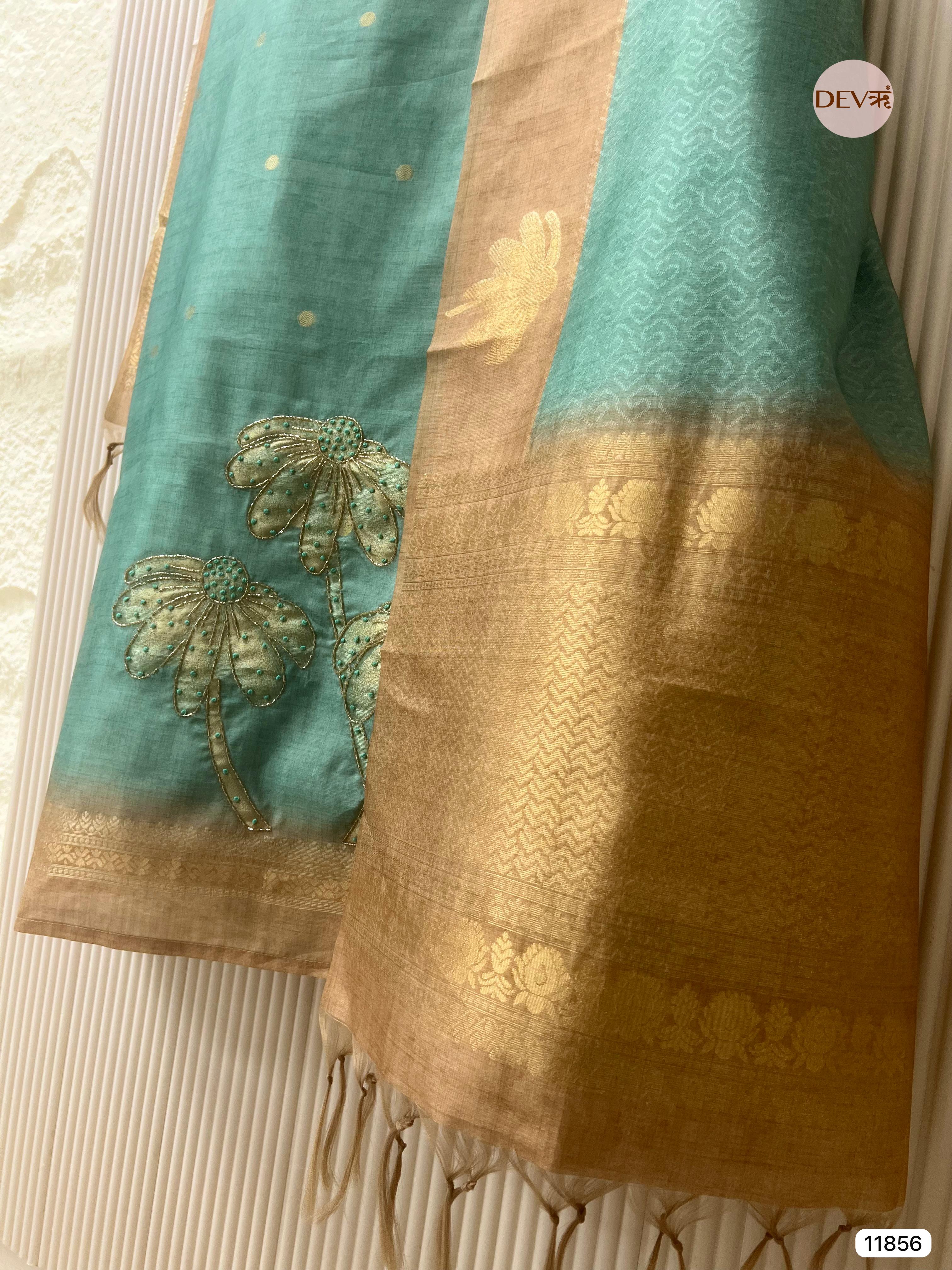 Pista Green Jamdani Silk Unstitched Printed Woven Hand Embroidered -Set Of 3- {11856}