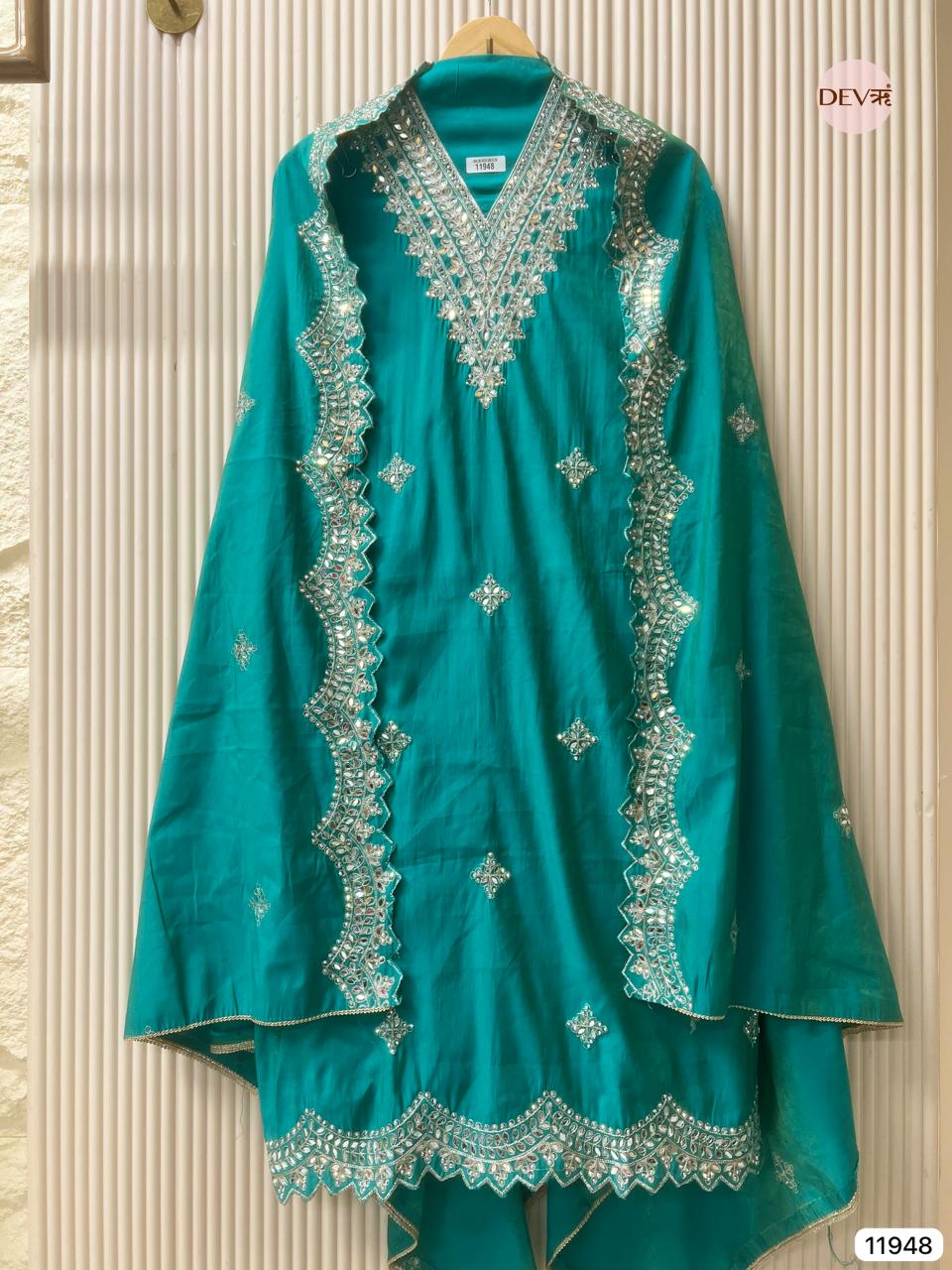 Greenish-Blue Modal Silk Unstitched Hand Embroidered -Set Of 3 - {11948}