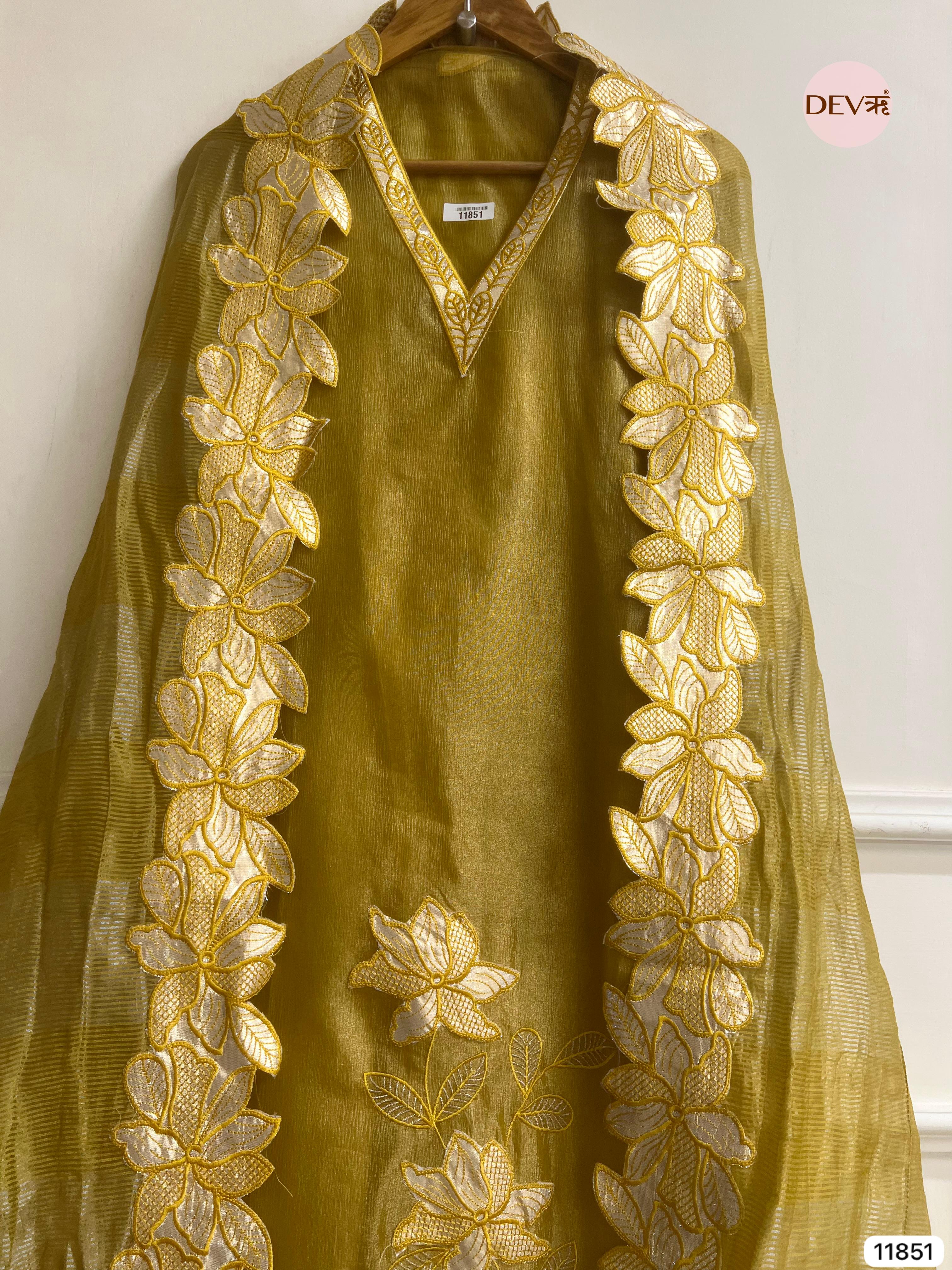 Golden Brown Tissue Silk Unstitched Embroidered -Set Of 3- {11851}