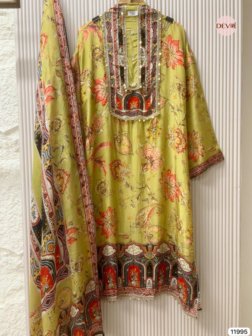 Green Soft Organza Silk Semi Stitched Pakistani Printed Hand Embroidered -Set Of 3 - {11995}