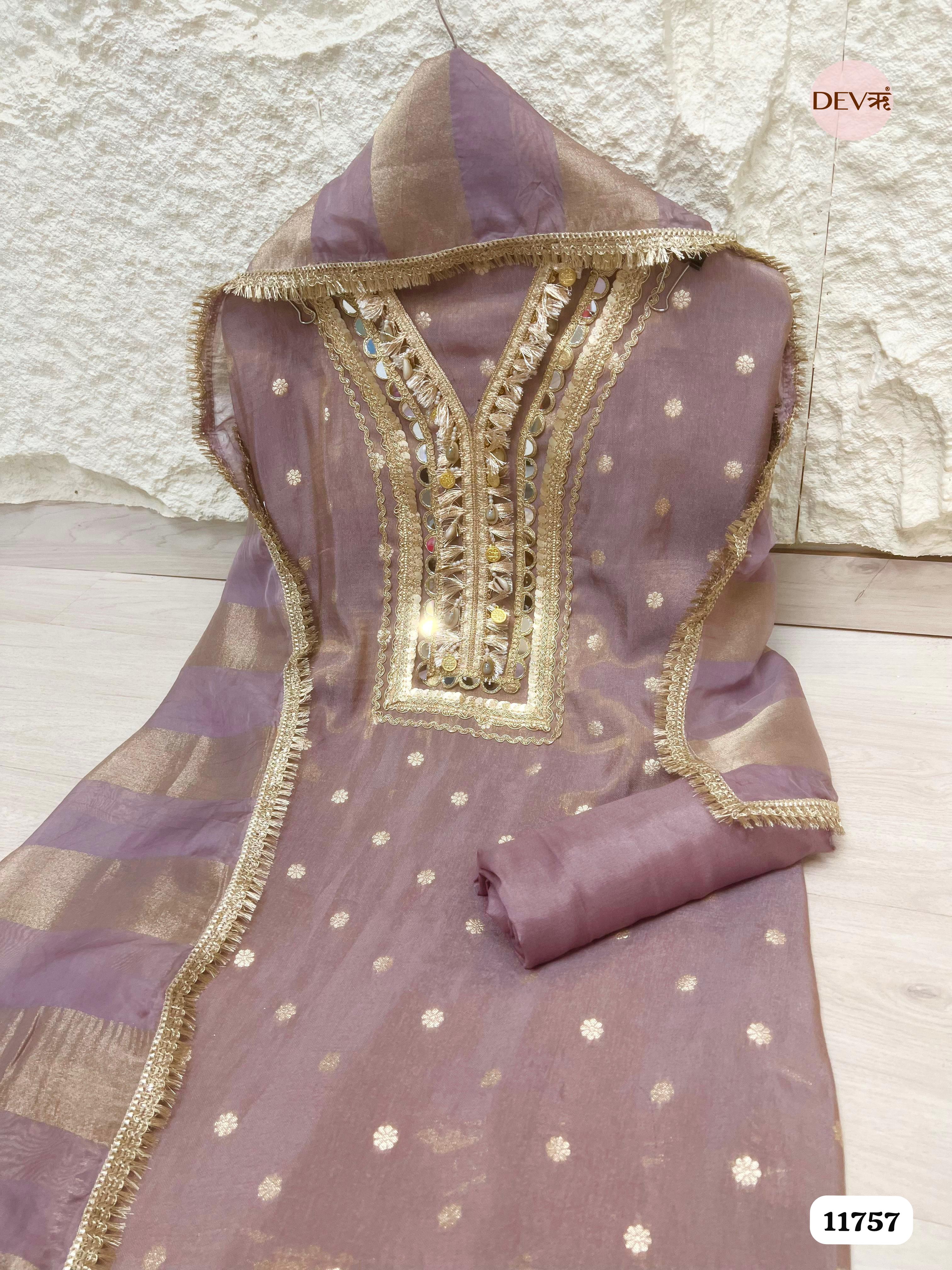 Purple Tissue Silk Unstitched Hand Embroidered -Set Of 3 {11757}