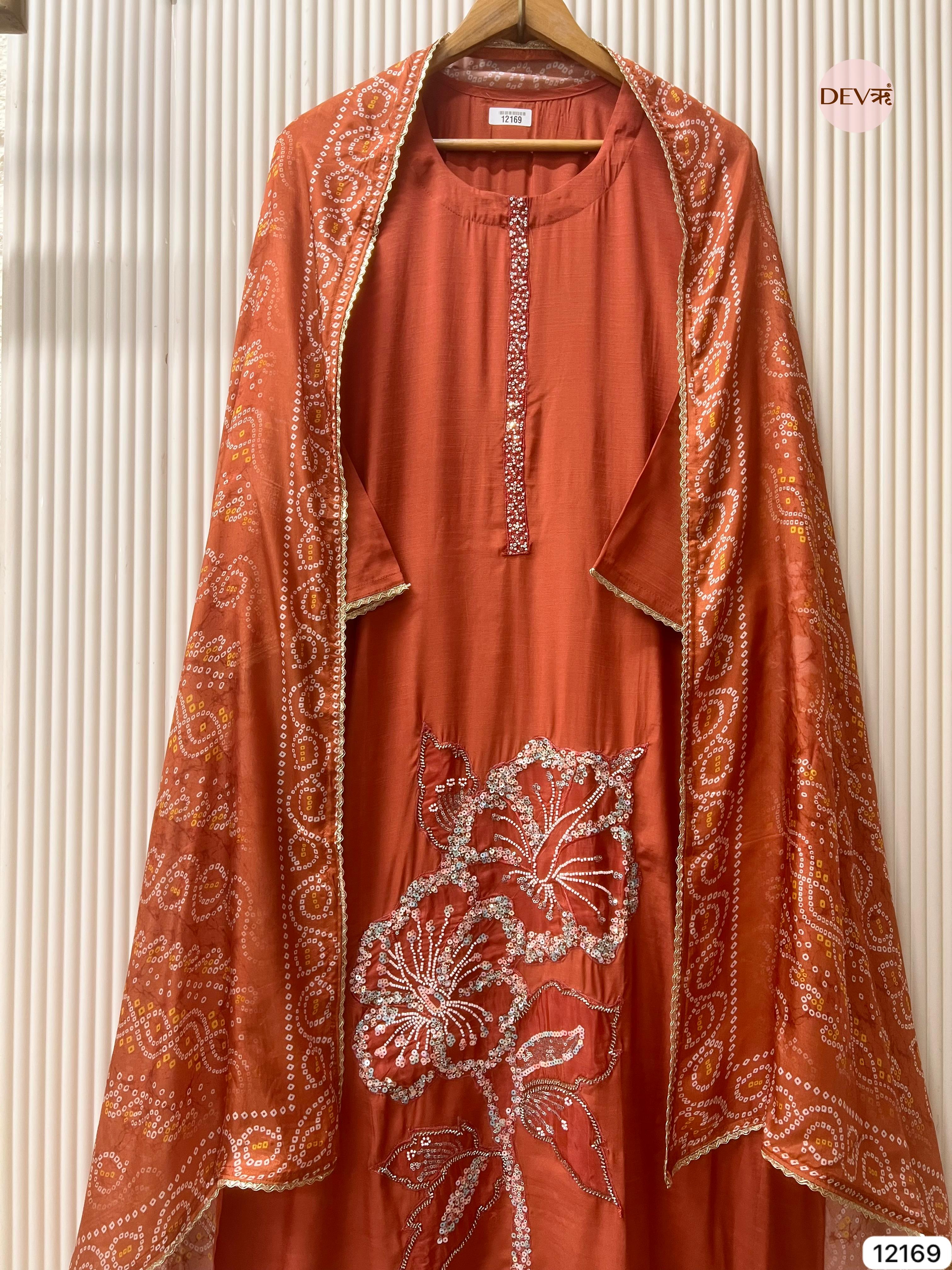 Rust Pure Russian Silk Semi Stitched Hand Embroidered -Set Of 3 - {12169}
