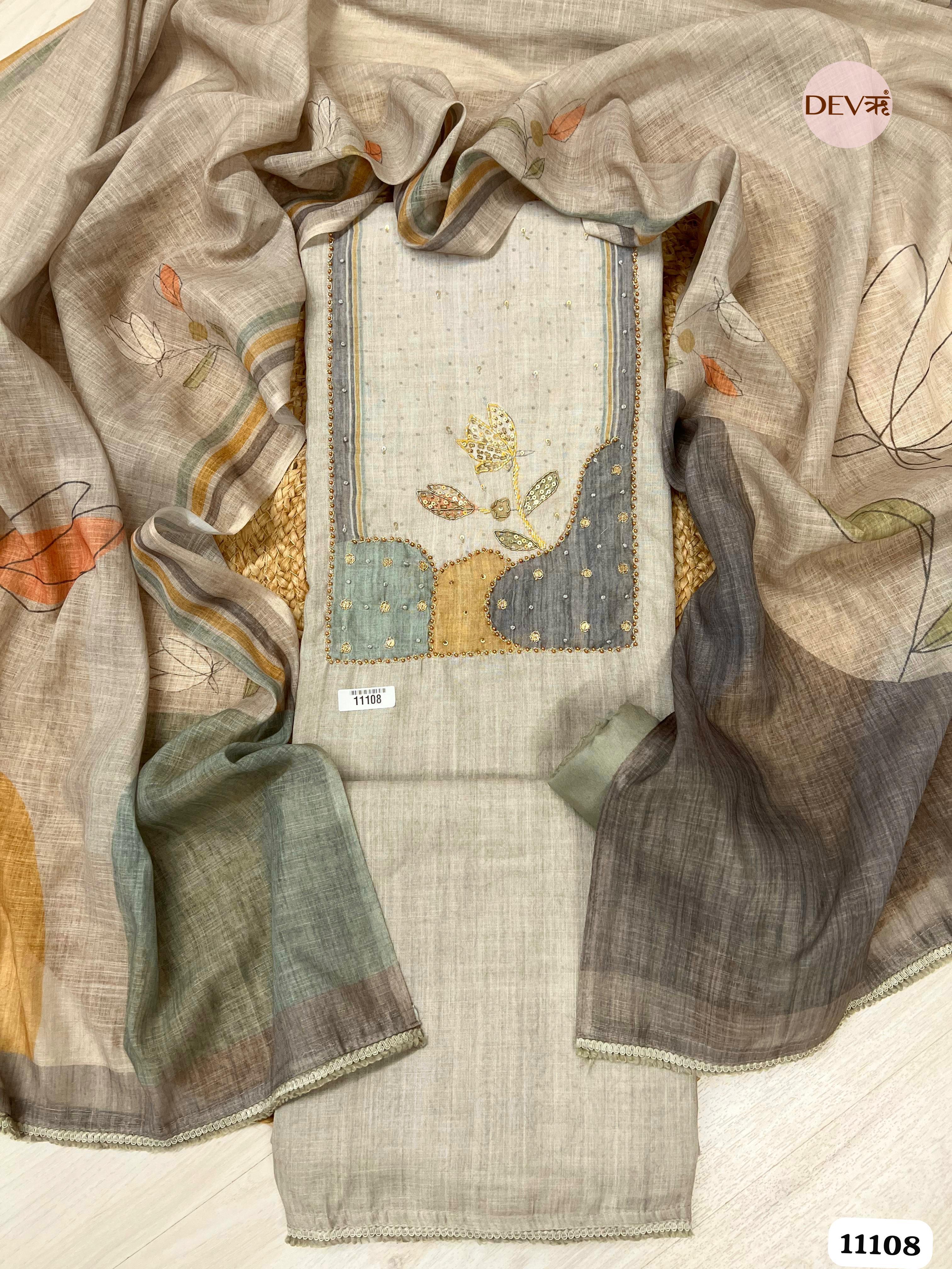 Grey Linen Unstitched Printed Hand Embidered -Set Of 3 {11108}