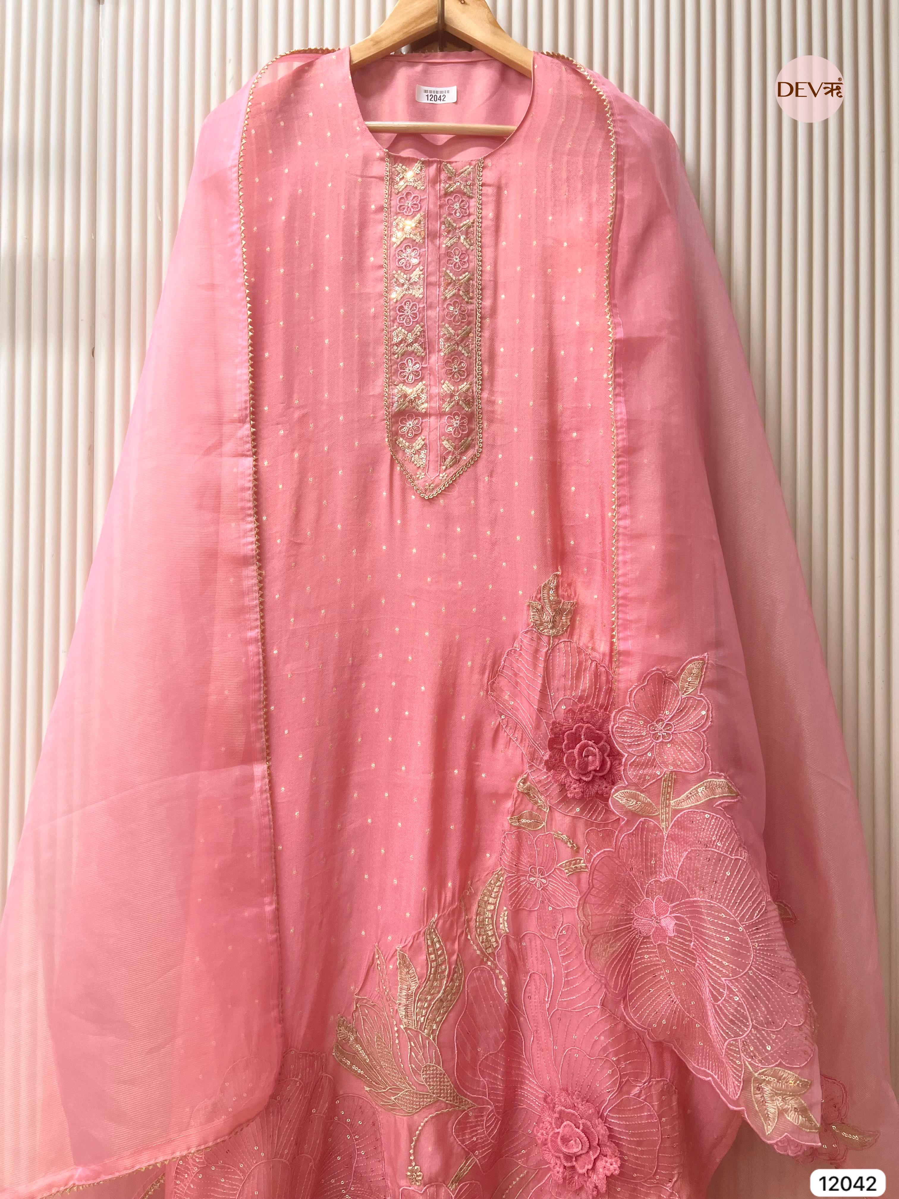 Pink Tissue Shimmer Silk Unstitched Embroidered -Set Of 3- {12042}
