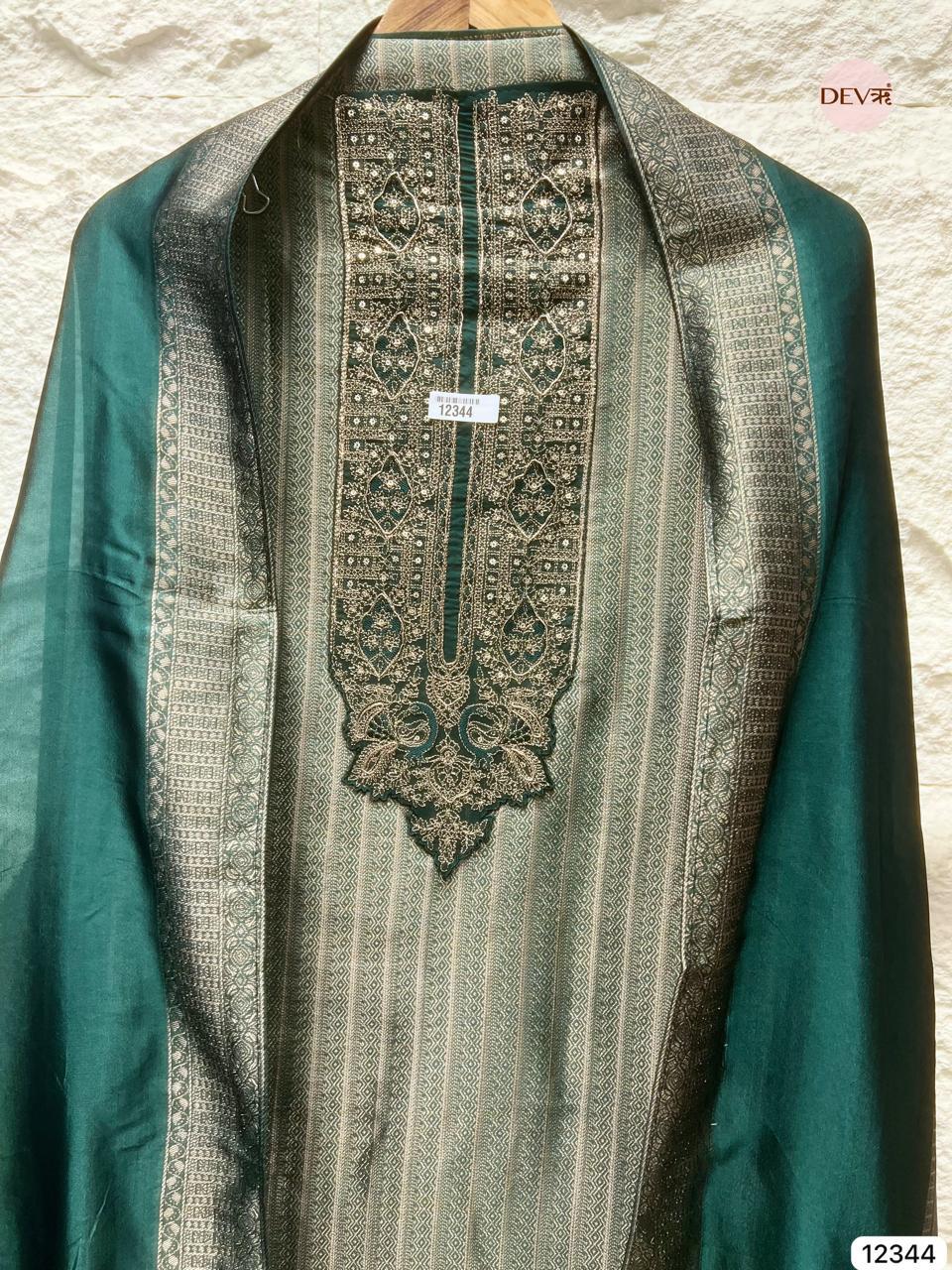 Teal Green Pure Banarasi Silk Woven Unstitched 3-Piece Suit (Devri – D.No 12344)