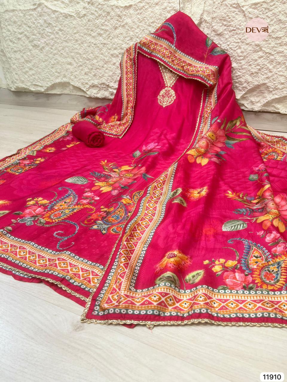Magenta Russian Silk Printed Unstitched 3-Piece Suit (Devri – D.No 11910)